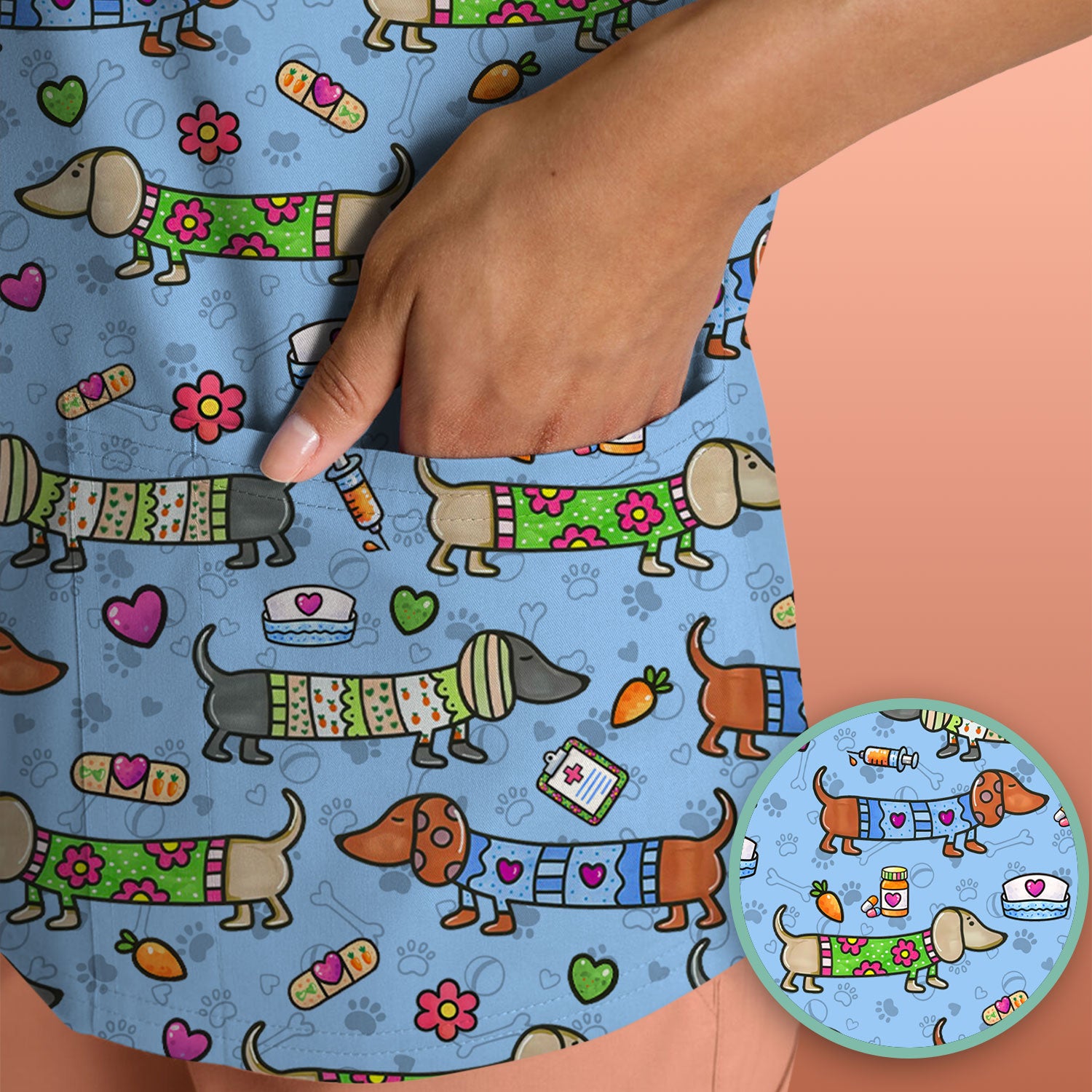 Cute Dachshund Nurse Scrub Top, Funny Wiener Dog Nursing Shirt, Breathable Fabrics Nursing Uniform