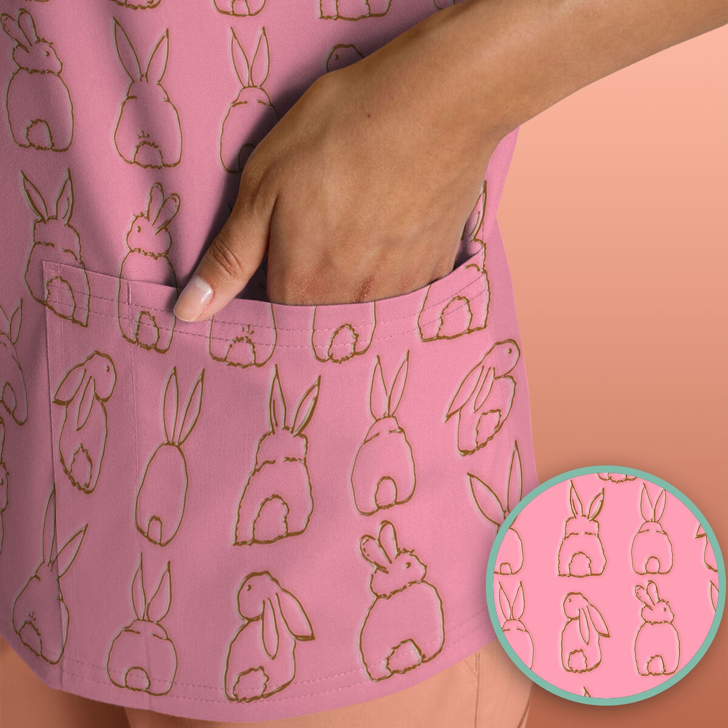 Cartoon Bunny Line Art Pattern Medical Scrub Top, Comfortable Scrubs for Nurses, Easter