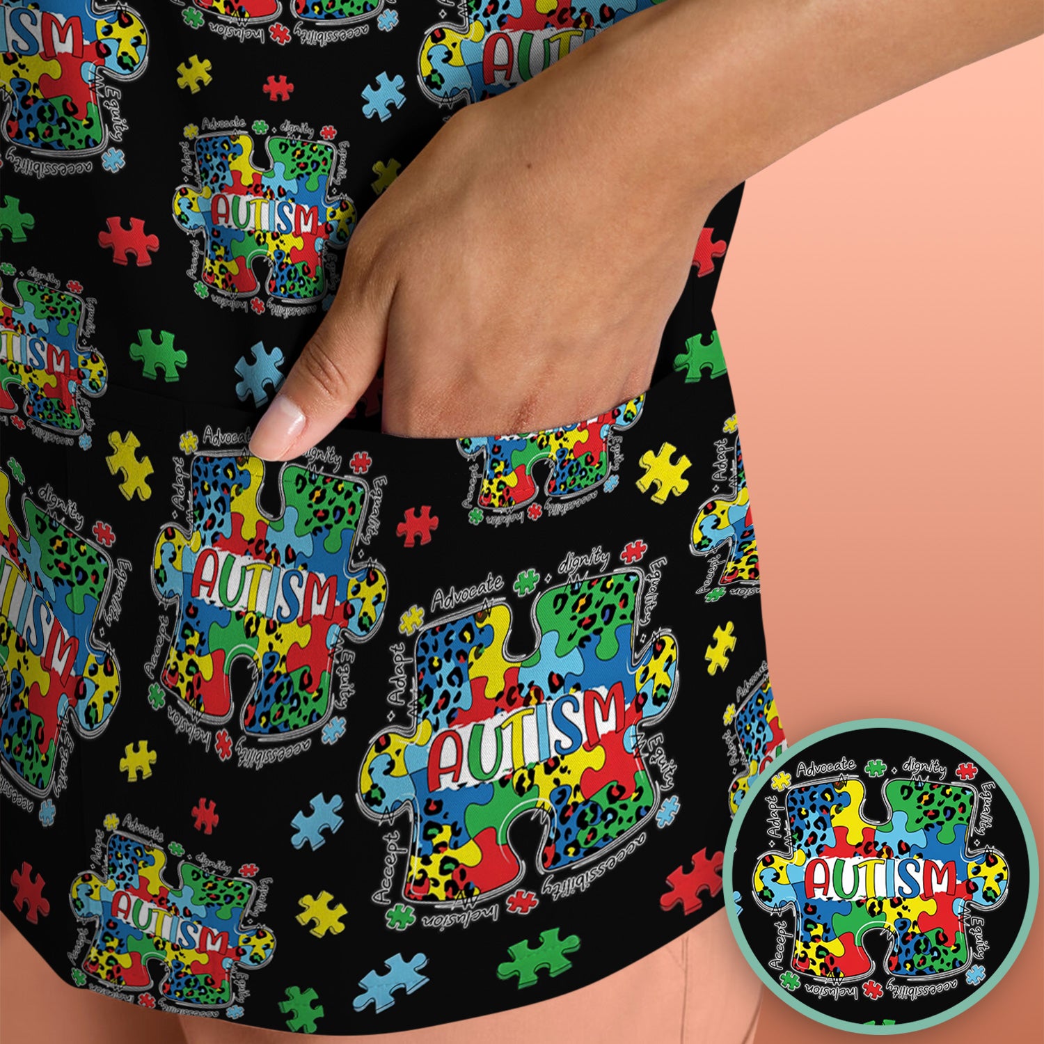 Autism Awareness Puzzle Pattern Scrub Top, Breathable Fabrics Nursing Uniform