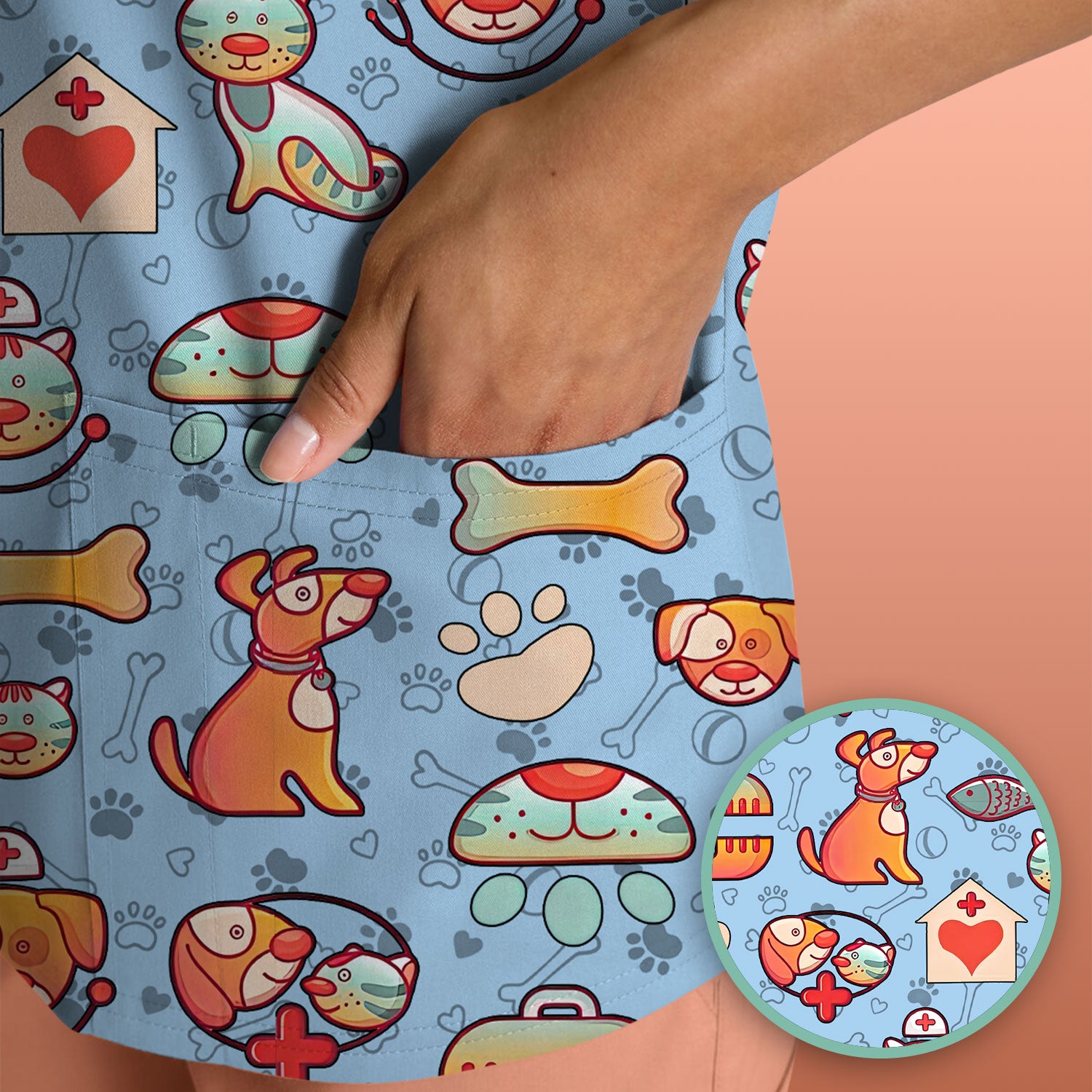 Veterinary Nurse Scrub Top - Cute Cat Dog Paw Print Medical Shirt - Fun Animal Pattern Vet Tech Scrubs for Women RN CNA