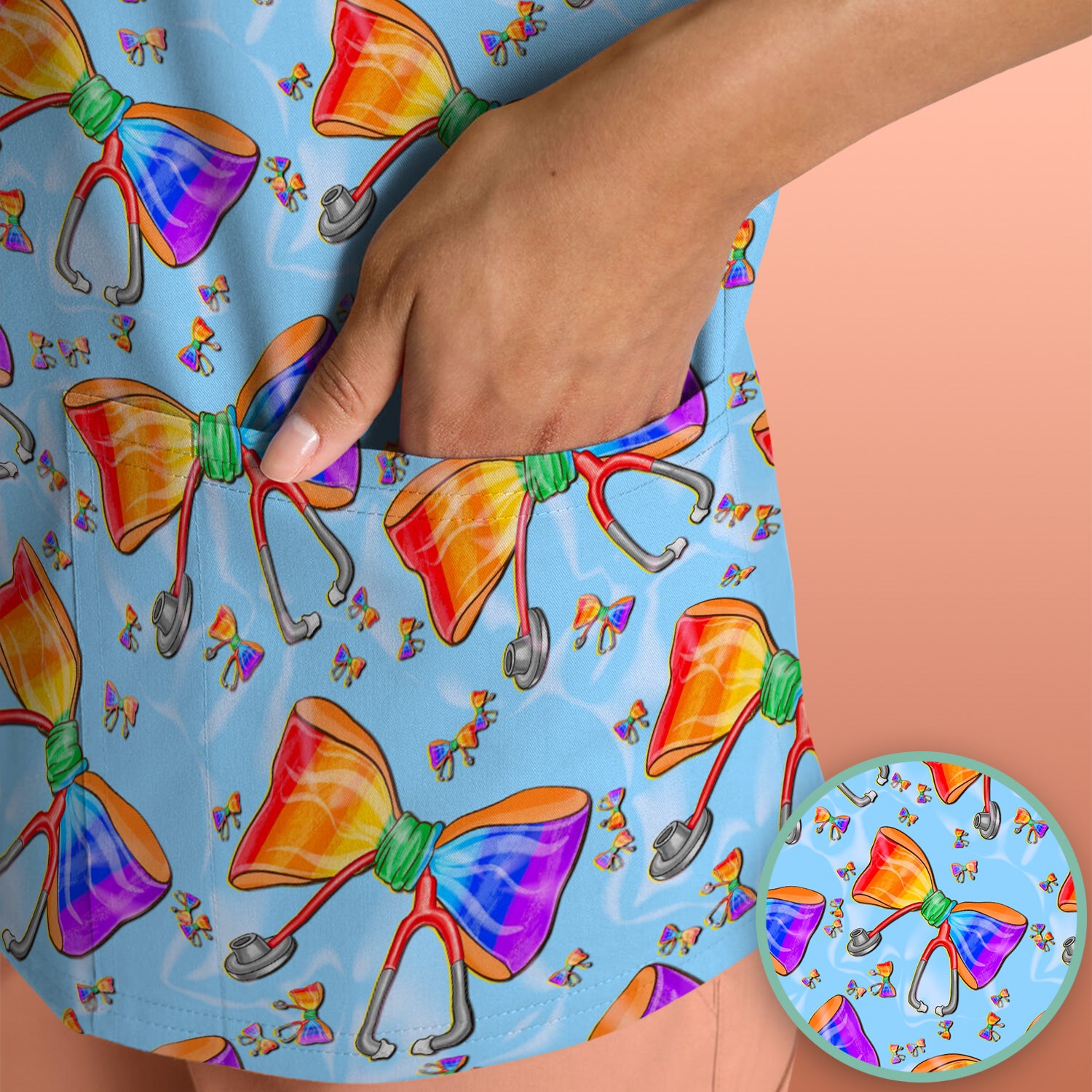 Colorful Rainbow Bow Stethoscope Pattern Scrub Top, Breathable Fabrics Nursing Uniform