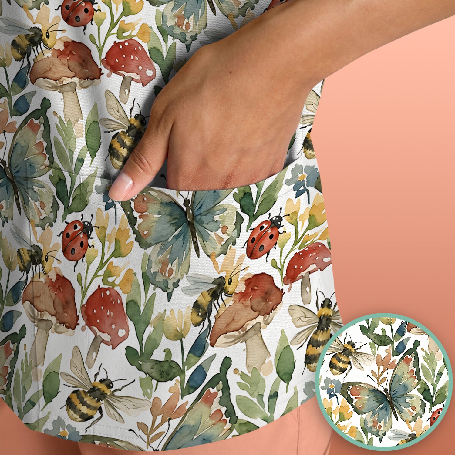 Butterfly Bee With Floral Mushroom Scrub Top, Comfortable Scrubs for Nurses
