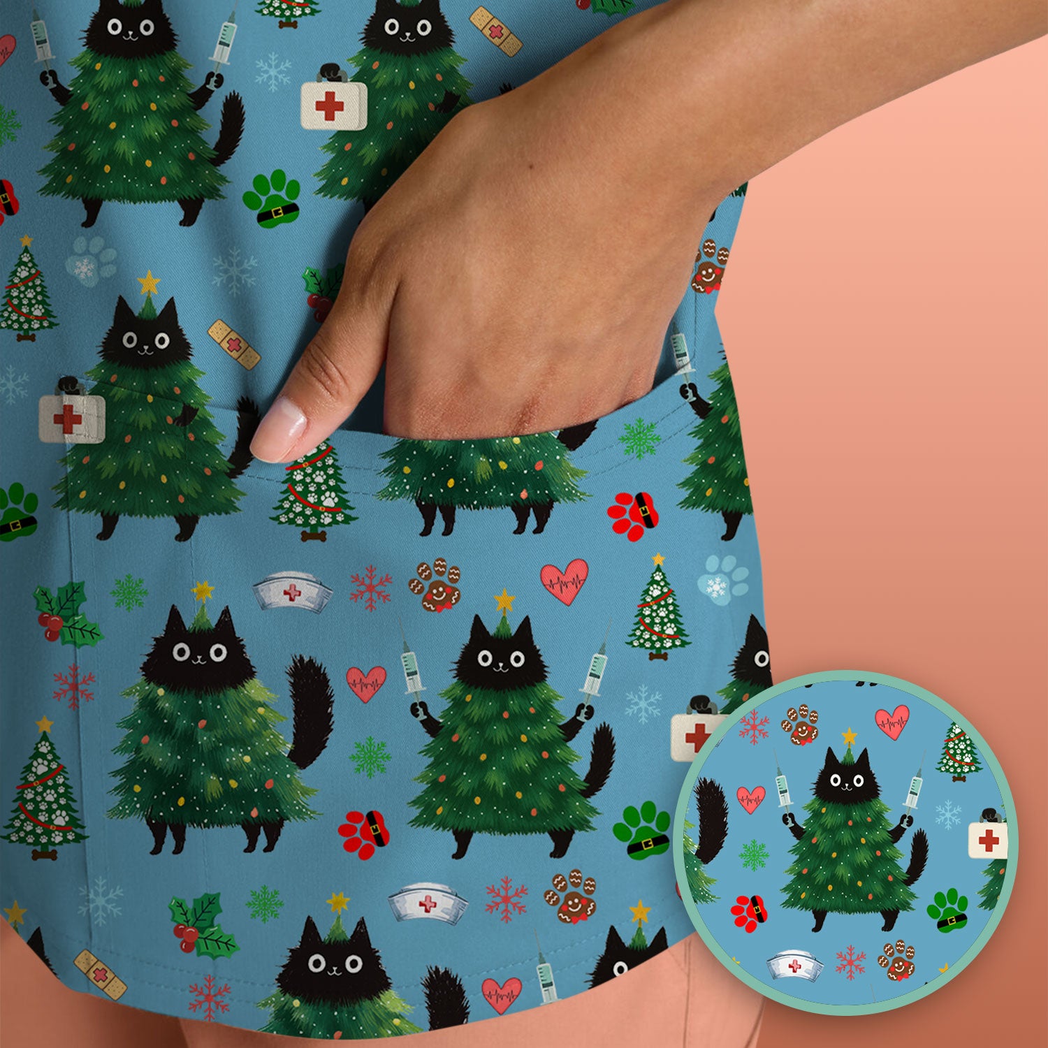 Christmas Nurse Scrub Top, Xmas Black Cat Pattern Nurse Shirt,  Breathable Fabrics Nursing Uniform