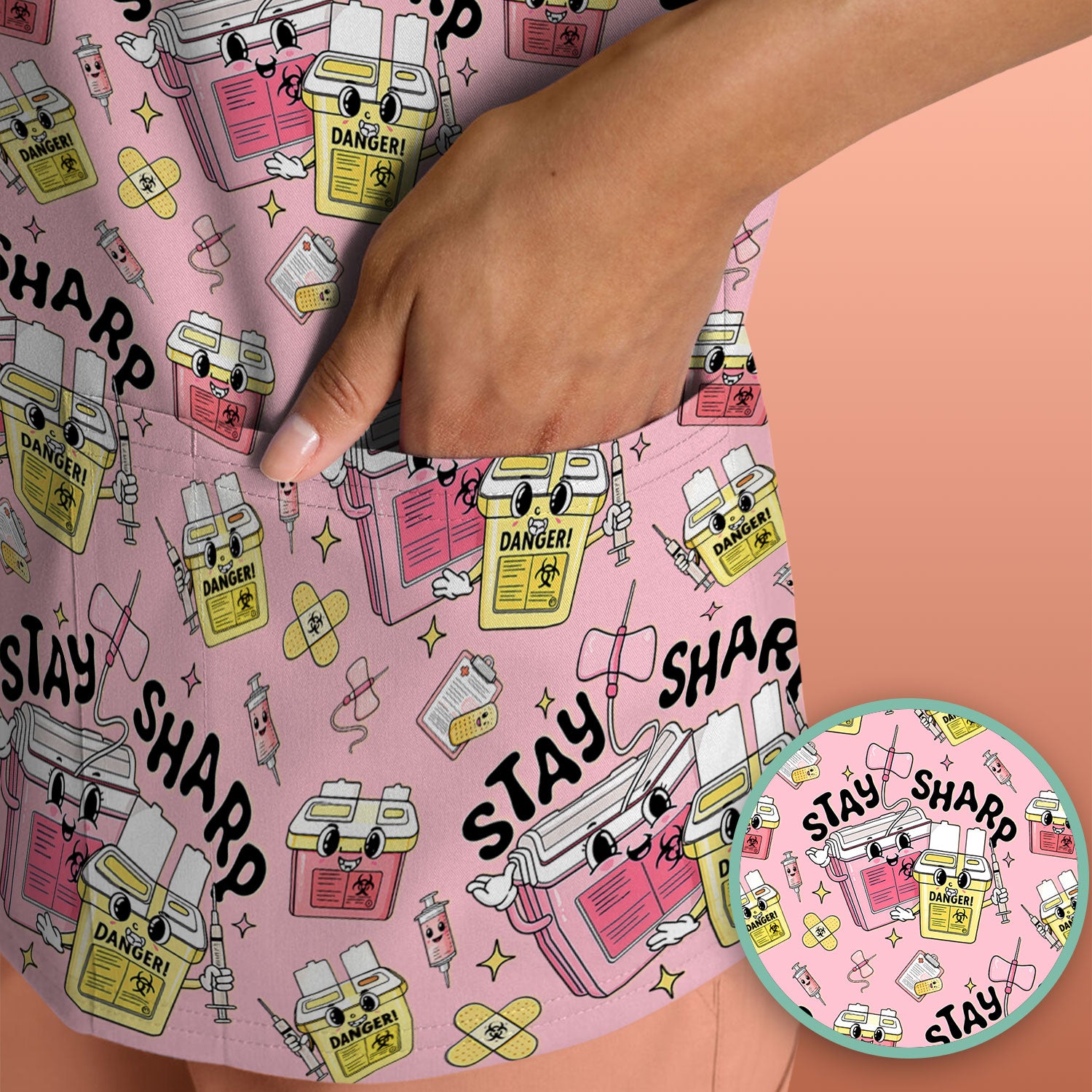 Stay Sharp Nurse Scrub Top, Cute Medical Pattern Scrubs, Breathable Fabrics Nursing Uniform