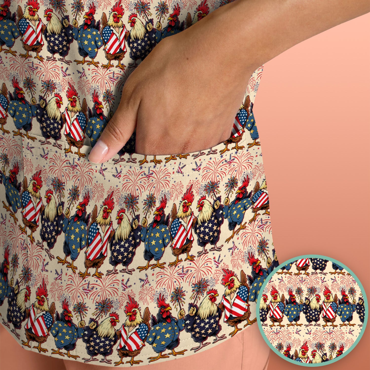 Patriotic Rooster Fireworks Pattern Scrub Top, Comfortable Scrubs for Nurses