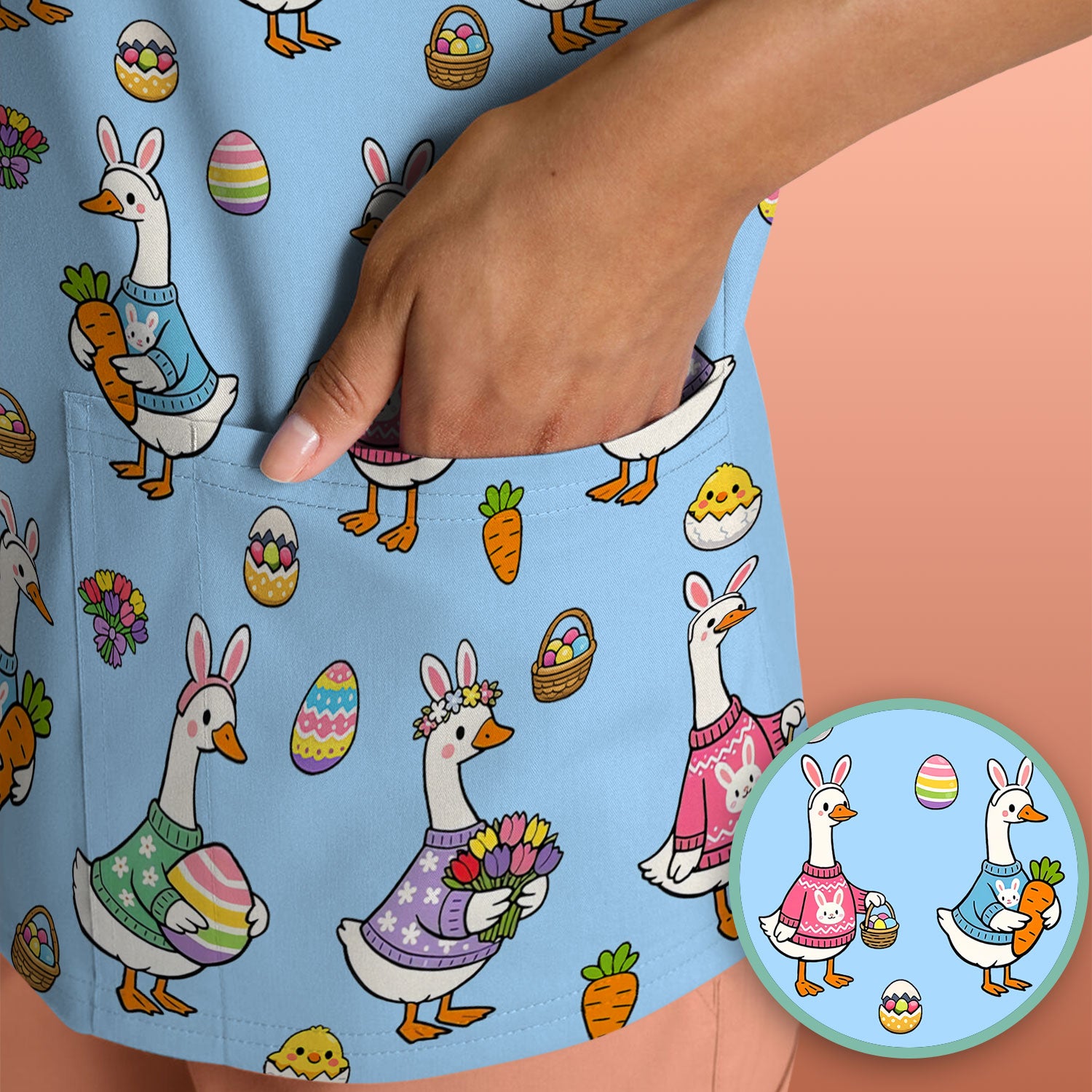 Cute Easter Goose Pattern Scrub Top, Breathable Fabrics Nursing Uniform