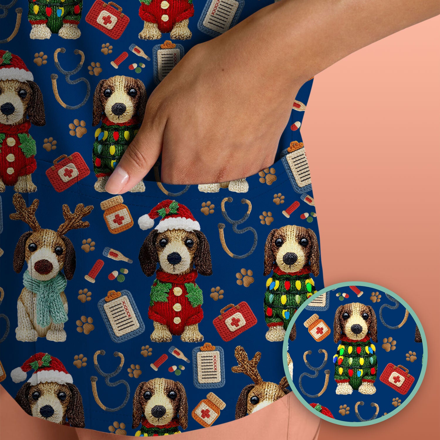 Christmas Doxie Scrubs for Women - Cute Dachshund Christmas Scrub Top for Nurses - Funny Medical Uniform Gift