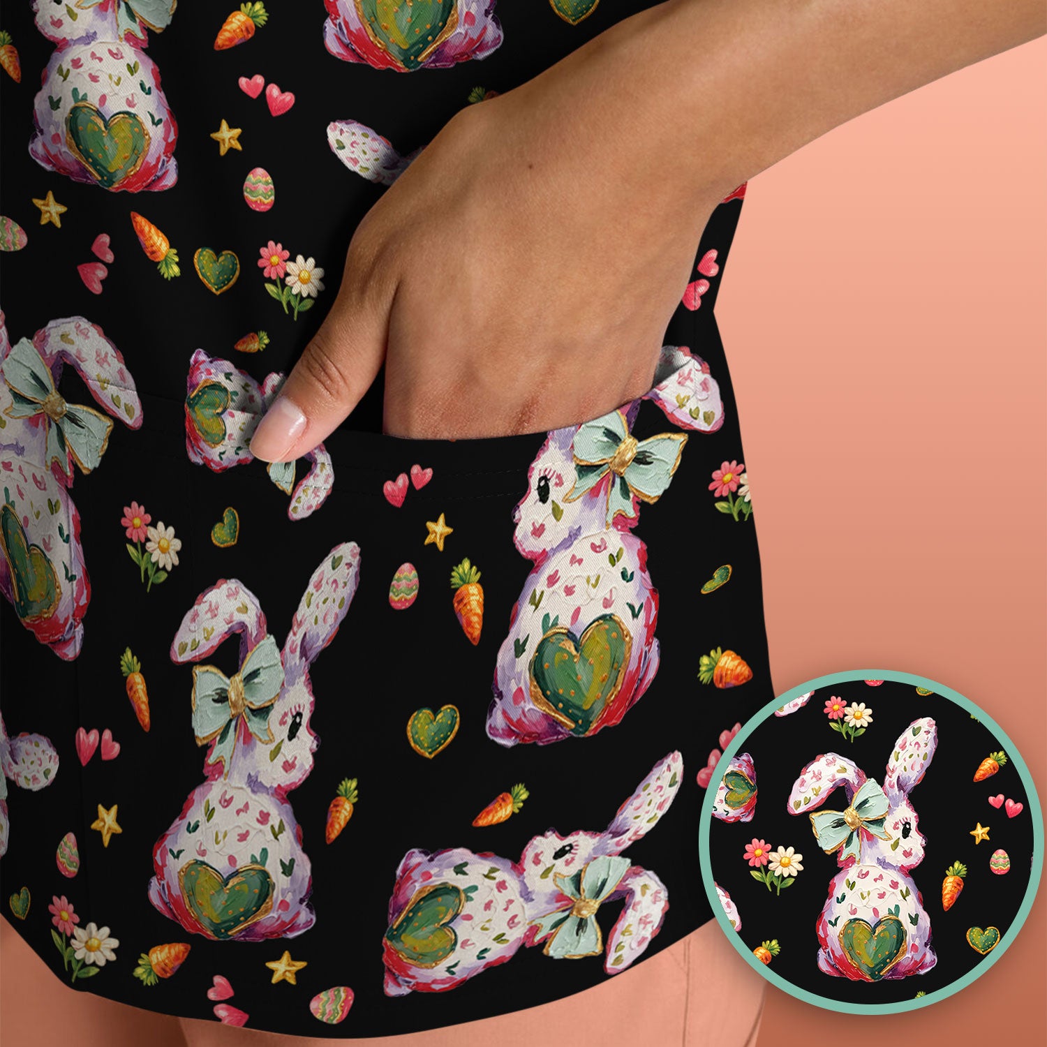 Cute Pastel Bunny Easter Pattern Scrub Top, Comfortable Scrubs for Nurses