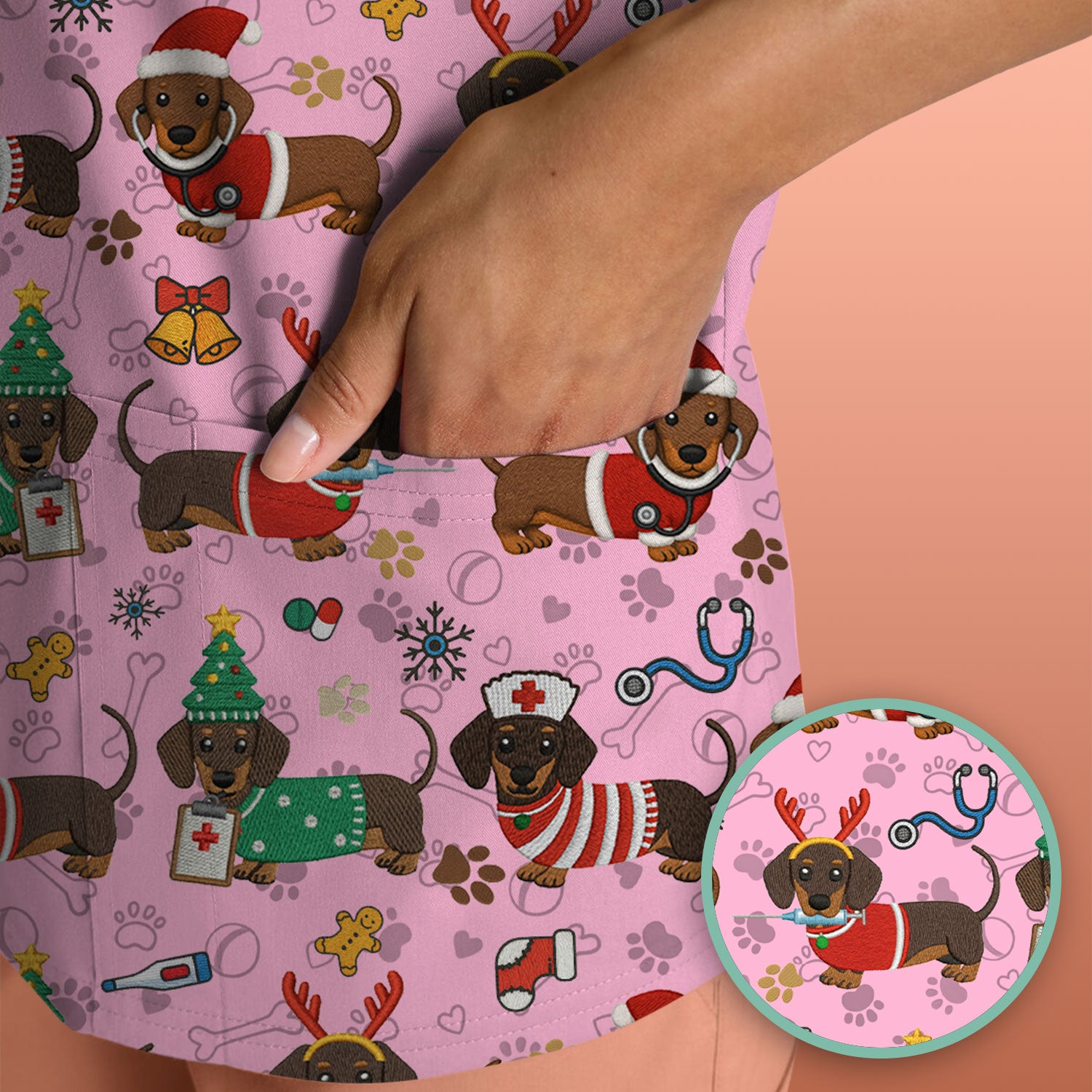 Christmas Dachshund Scrub Top for Nurses - Cute Wiener Dog Pattern Medical Shirt - Festive Holiday Scrubs Gift for Women RN CNA LPN