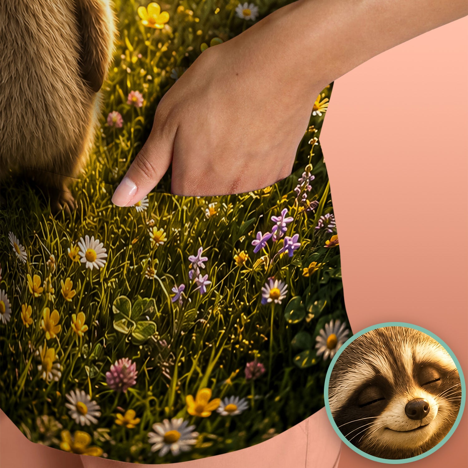 Smiling Raccoon Meadow Flower Pattern Scrub Top, Comfortable Scrubs for Nurses