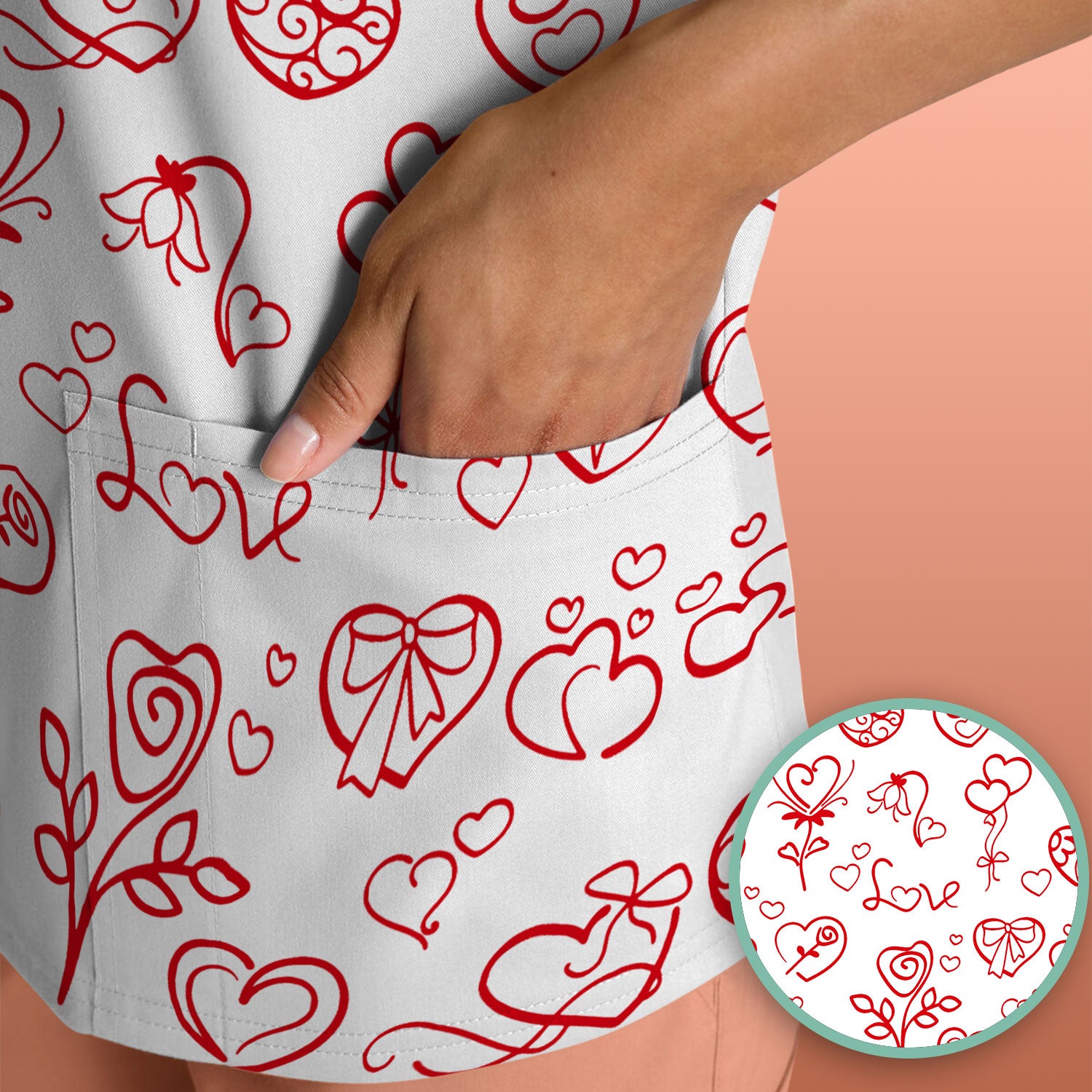 Cute Valentine Heart Scrub Top, Artistic Heart Pink Love Line Art Pattern Nurse Shirt, Comfortable Scrubs For Nursing