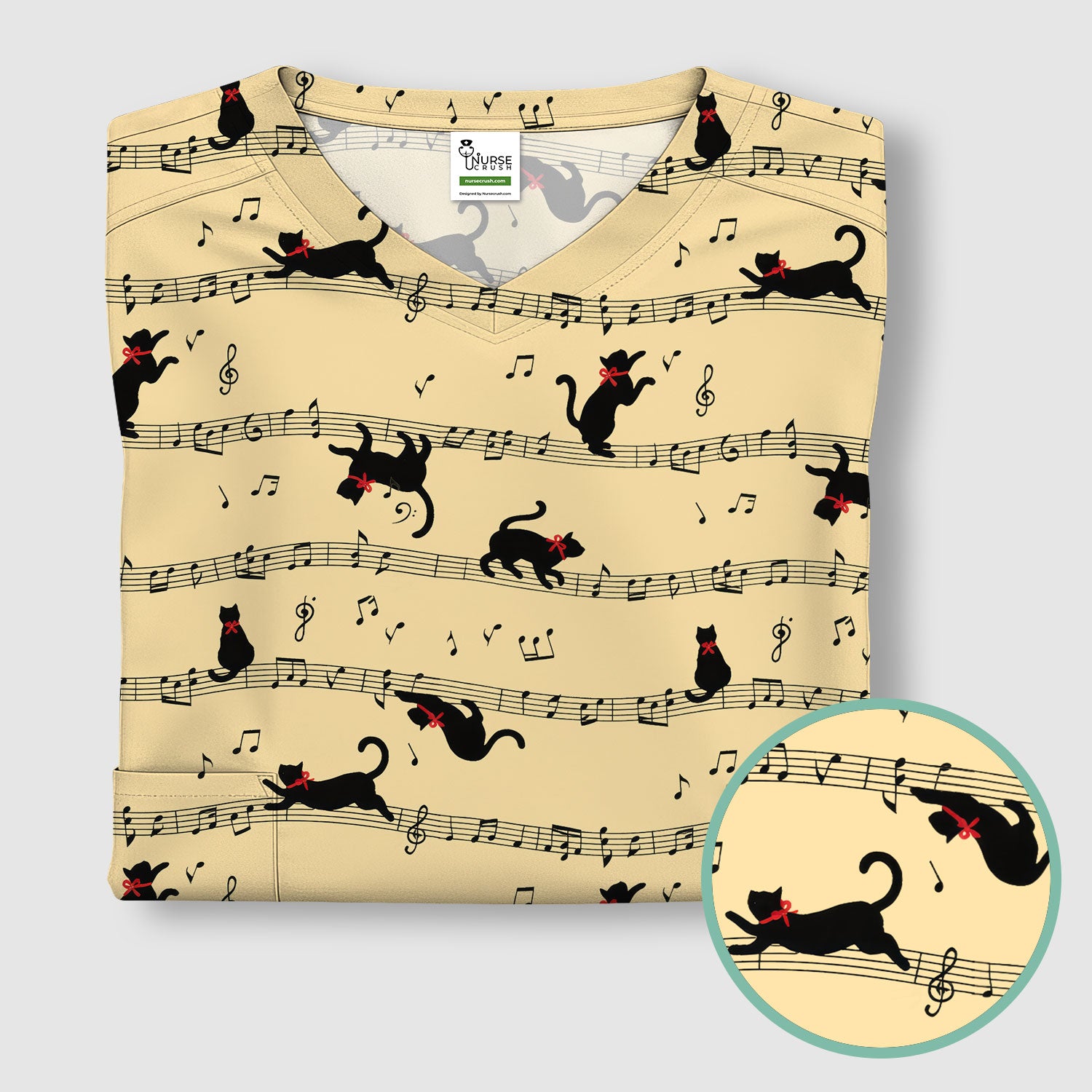 Cute Dancing Black Cat Music Staff Pattern Scrub Top, Comfortable Scrubs for Nurses