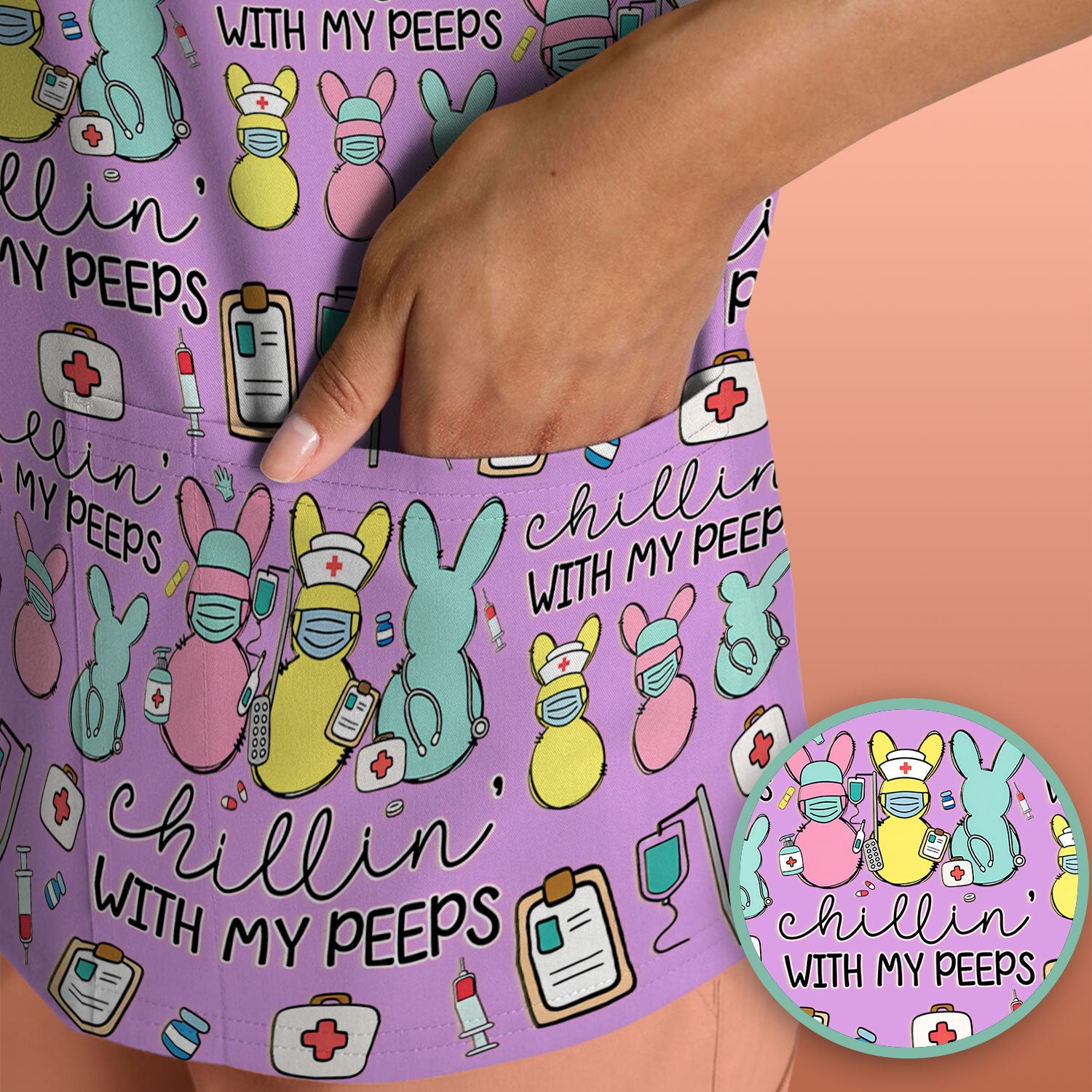 Cute Bunny Nurse Chillin With My Peeps Scrub Top, Comfortable Scrubs for Nurses, Easter