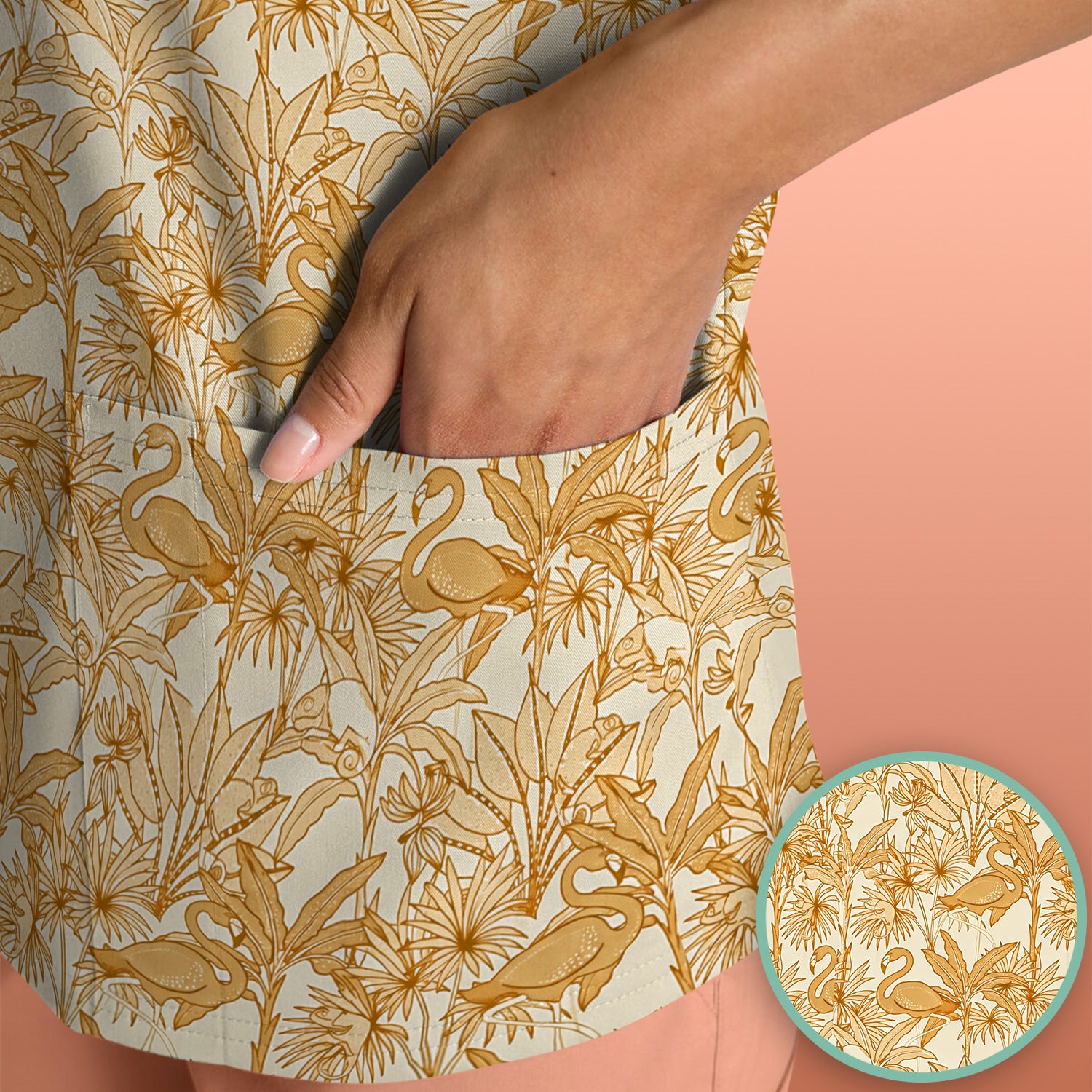 Tropical Flamingo Palm Leaves Pattern Scrub Top, Comfortable Scrubs for Nurses