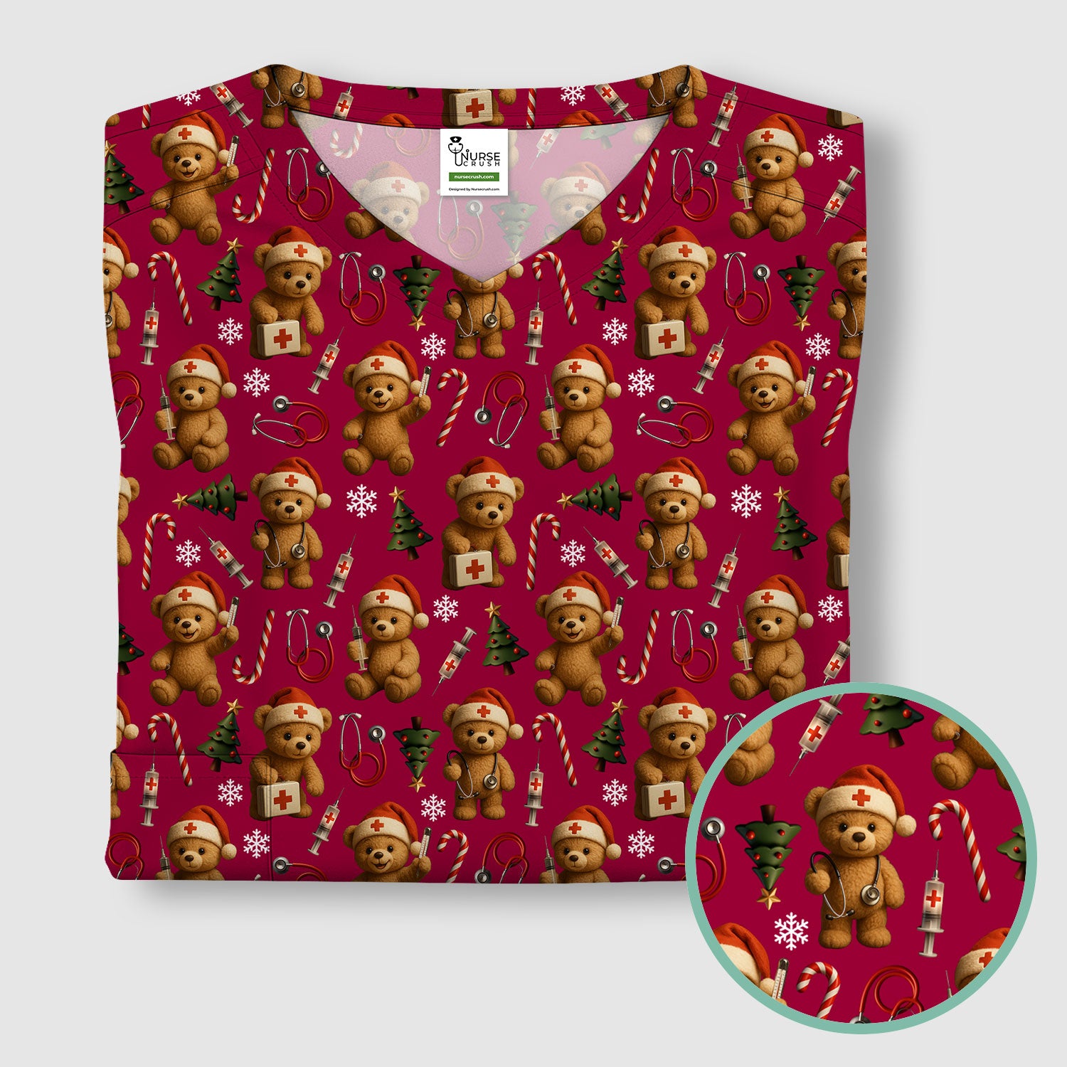 Teddy Bear Christmas Scrubs for Women - Cute Nurse Bear Pattern Medical Scrub Top - Holiday Christmas Scrubs with Fun Festive Design