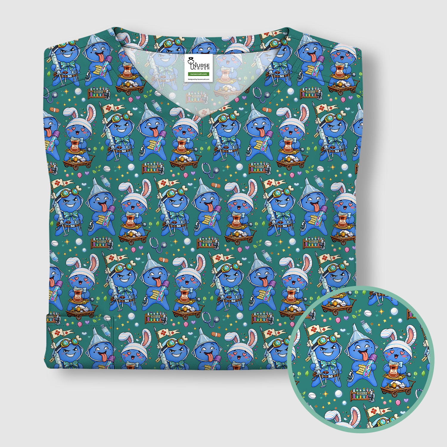 Cute Glove Doll Hospital Medical Cartoon Nurse Pattern Scrub Top, Comfortable Scrubs for Nurses