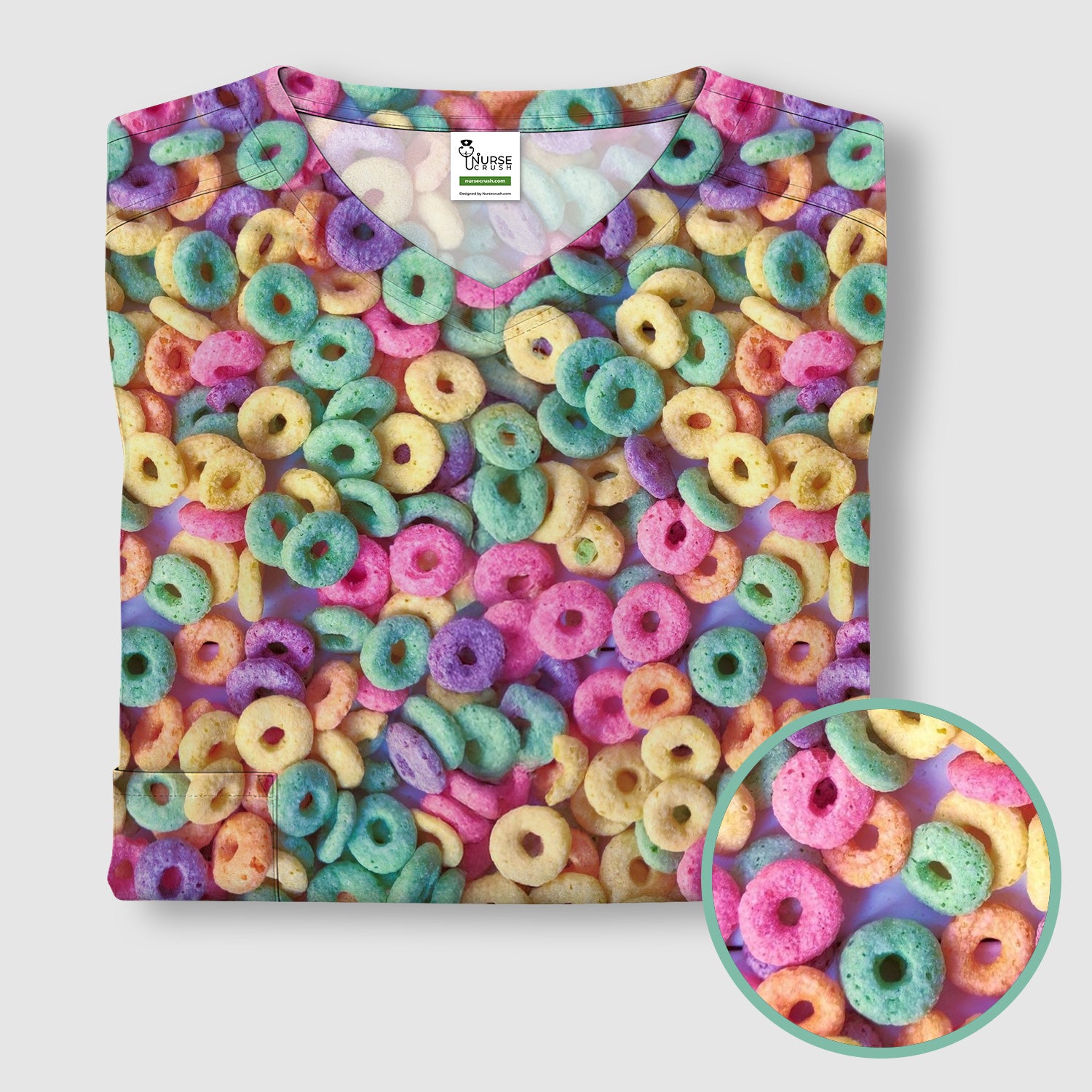 Colorful Cereal Loops Pattern Scrub Top, Comfortable Scrubs for Nurses