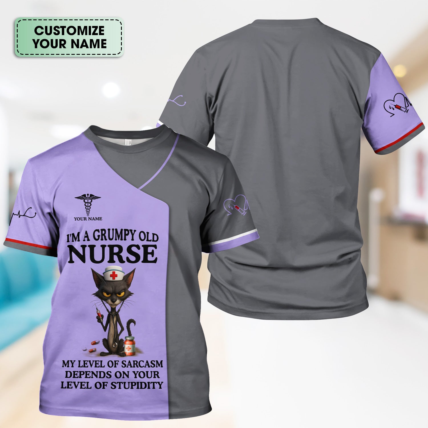 Sarcastic Grumpy Old Nurse Shirt - Black Cat Humo & Caduceus Symbol Design - Personalized Gift for RN LPN CNA Healthcare Workers