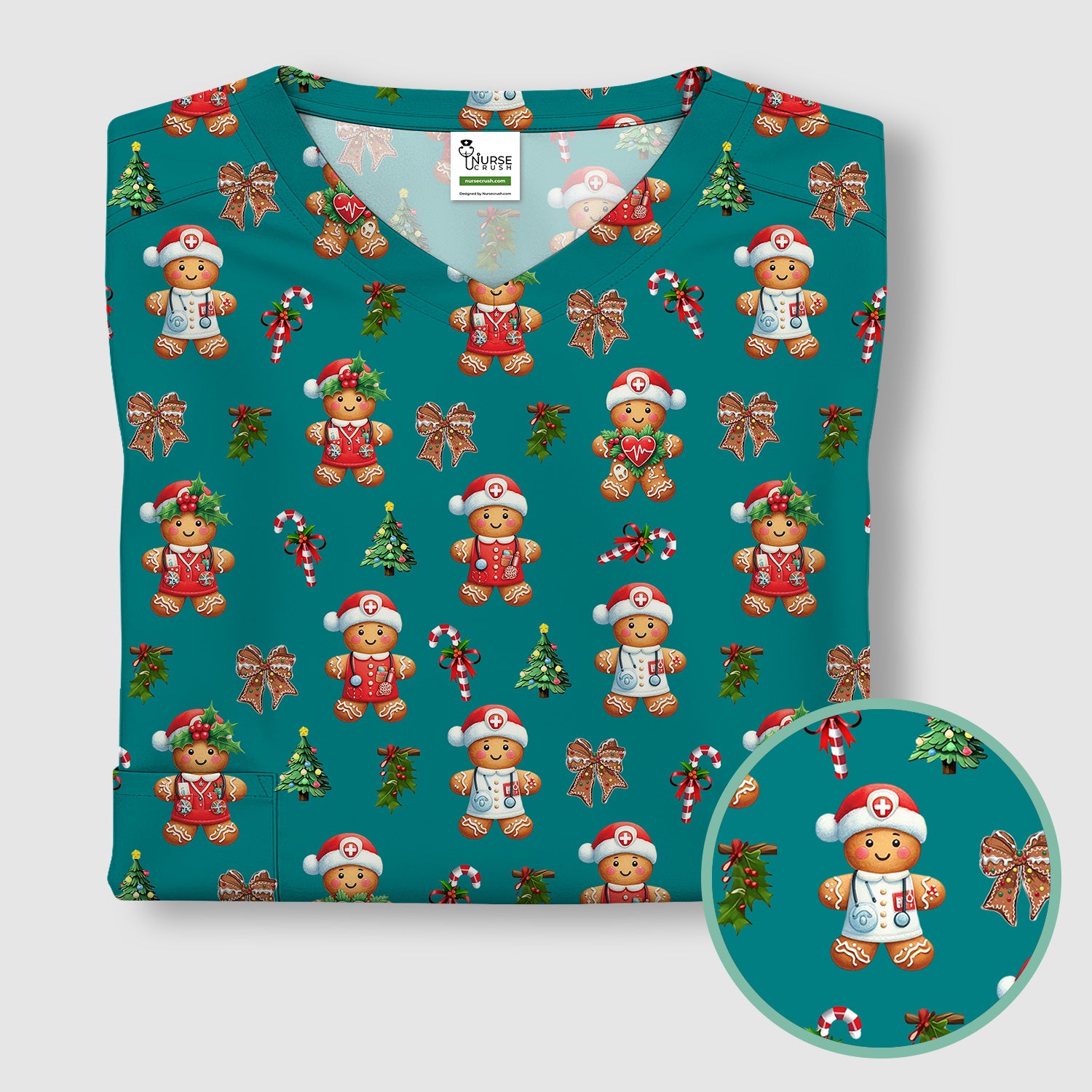 Funny Christmas Scrub Top for Nurse - Adorable Gingerbread Candy Cane Bow- Festive Medical Uniform for Women
