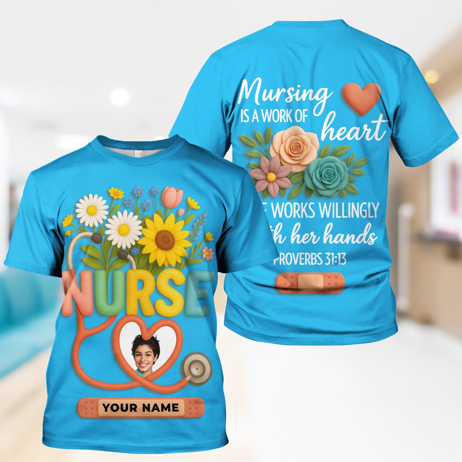 Nurse Appreciation Shirt for CNA RN LPN - Floral Heart Stethoscope Design - Custom Photo & Name Gift for Women Healthcare Workers - Multiple Shirt Colors Available