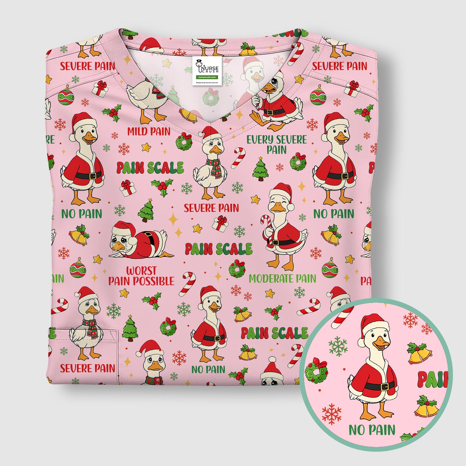 Funny Goose Christmas Scrub Top - Pain Scale Nurse Pattern Shirt - Cute Holiday Medical Scrubs for Women
