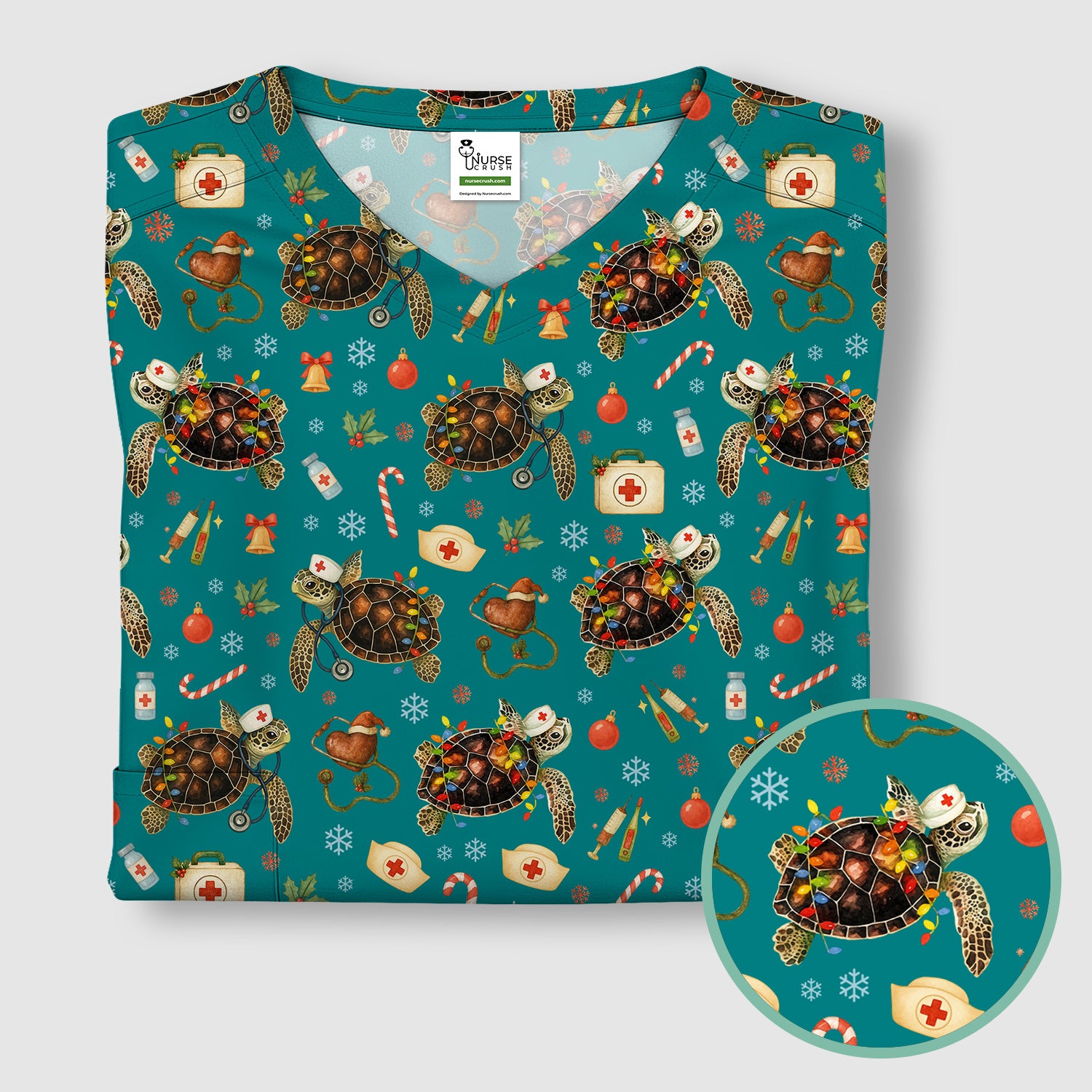 Funny Christmas Scrub Top - Sea Turtle with Xmas Lights Shirt - Holiday Nurse Scrubs for Women