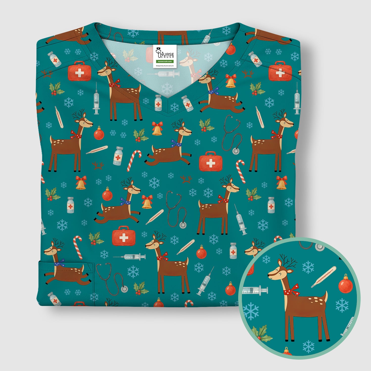Reindeer Christmas Scrub Top - Snowflakes Candy Canes Holiday Medical Shirt - Xmas Scrubs for Women RN CNA LPN