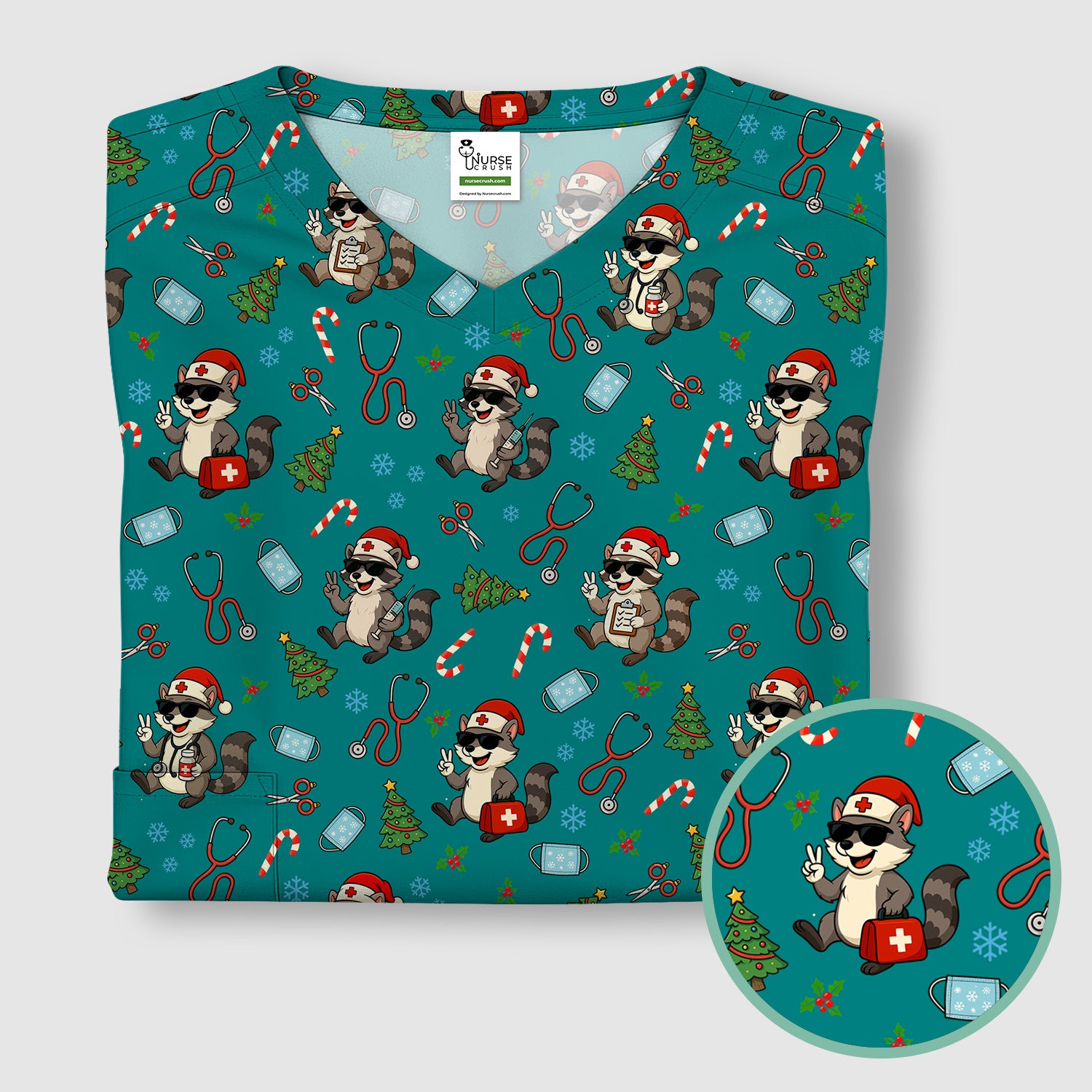 Cute Raccoon Christmas Scrub Top - Santa Hat and Stethoscope Pattern Nurse Scrubs - Funny Holiday Medical Shirt Gift for RN CNA LPN