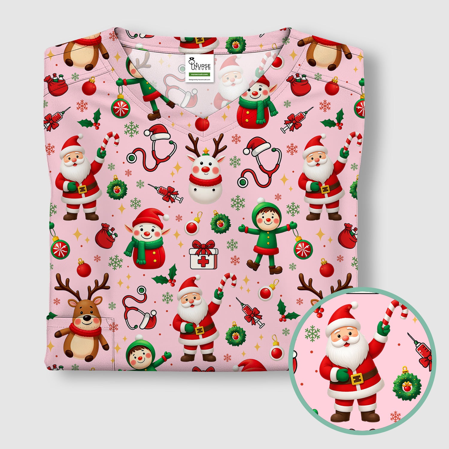 Christmas Scrub Top for Nurse - Cute Santa Elf Reindeer Medical Shirt - Festive Holiday Scrubs for Women RN CNA LPN Gift