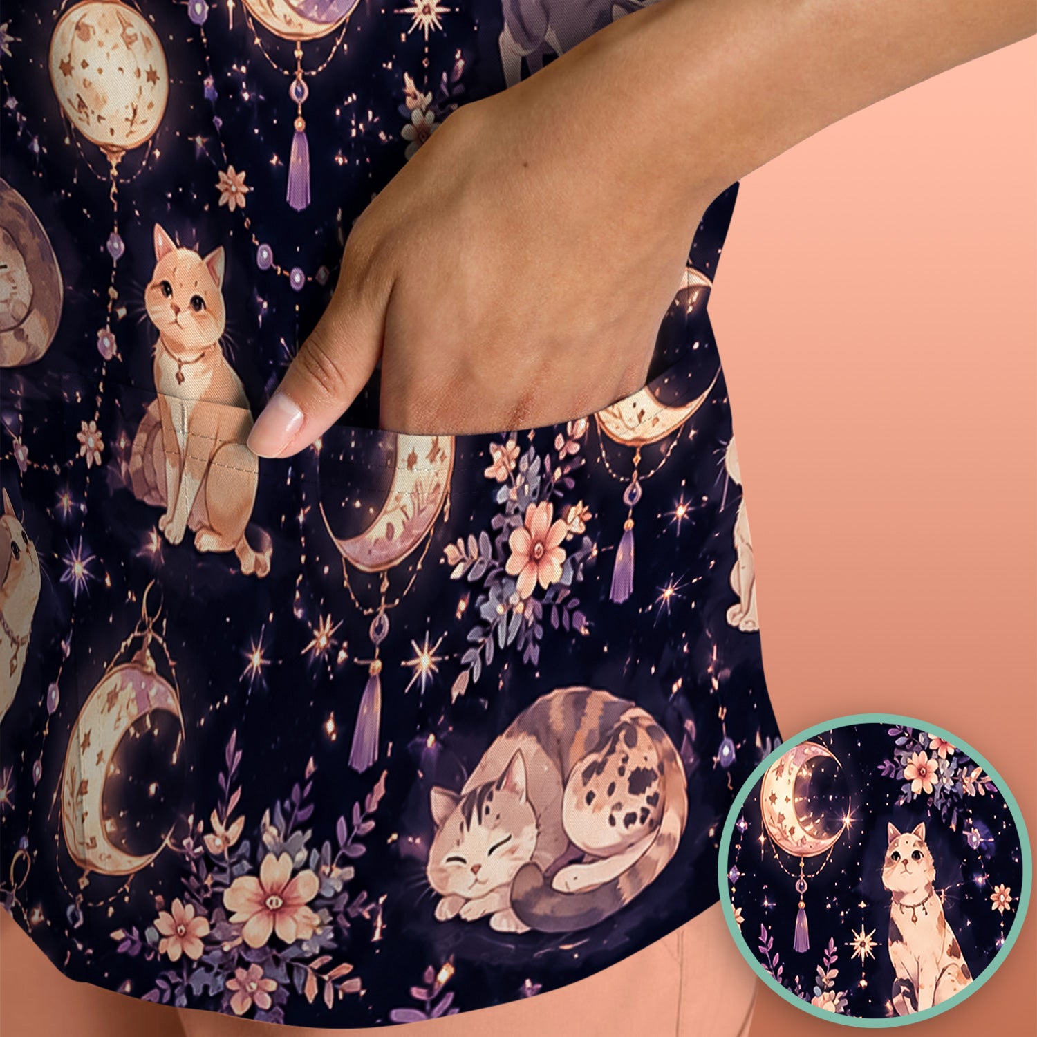 Celestial Cat Pattern Scrub Top, Comfortable Scrubs for Nurses