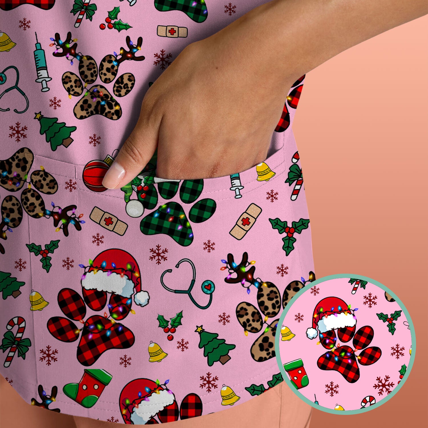 Christmas Paw Print Scrub Top for Nurses - Cute Leopard Holiday Pattern - Funny Festive Medical Uniform Gift