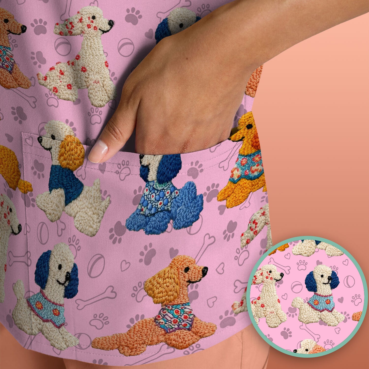 Cute Colorful Poodle Pattern Scrub Top, Comfortable Scrubs for Nurses