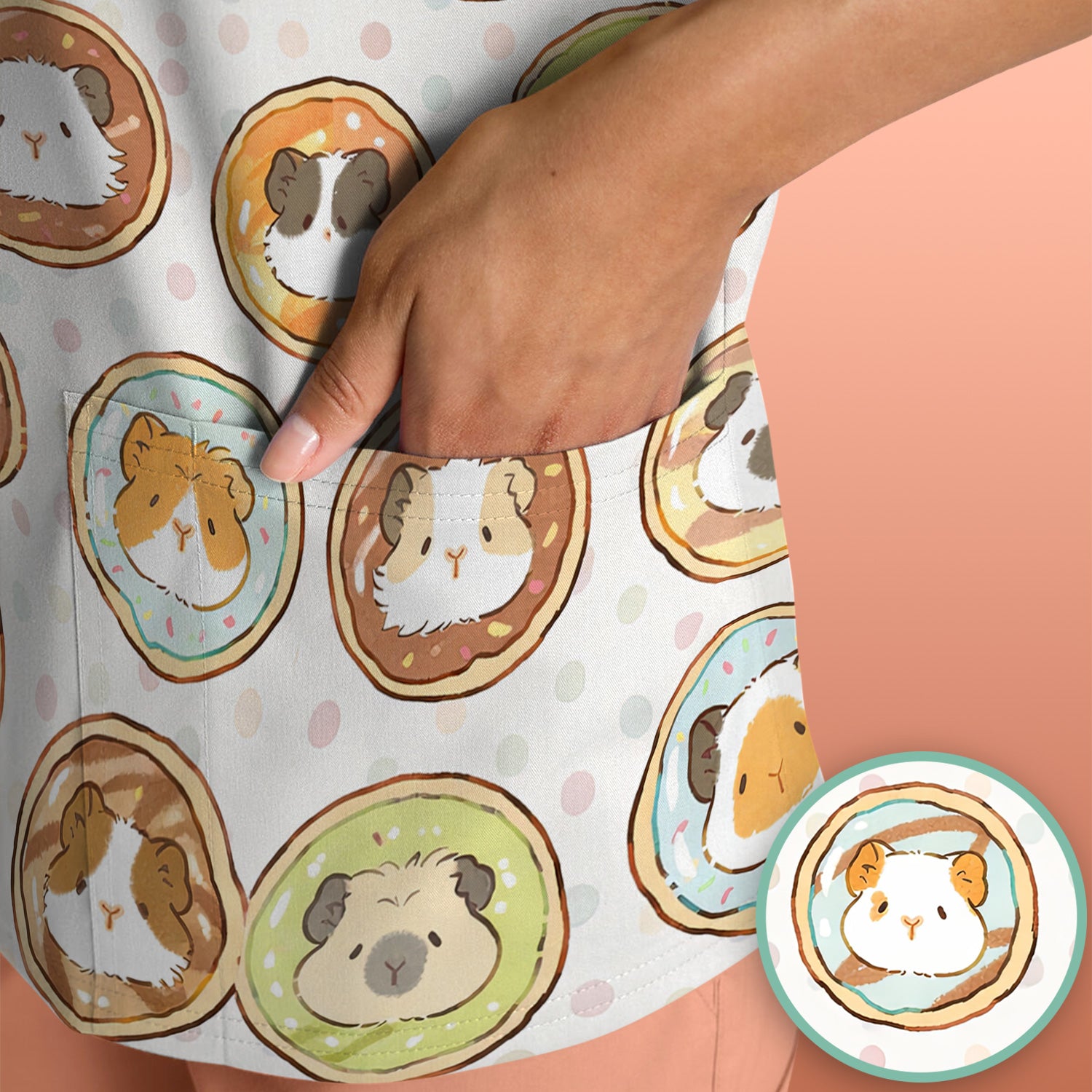 Cute Guinea Pig Donut Circle Pattern Scrub Top, Comfortable Scrubs for Nurses