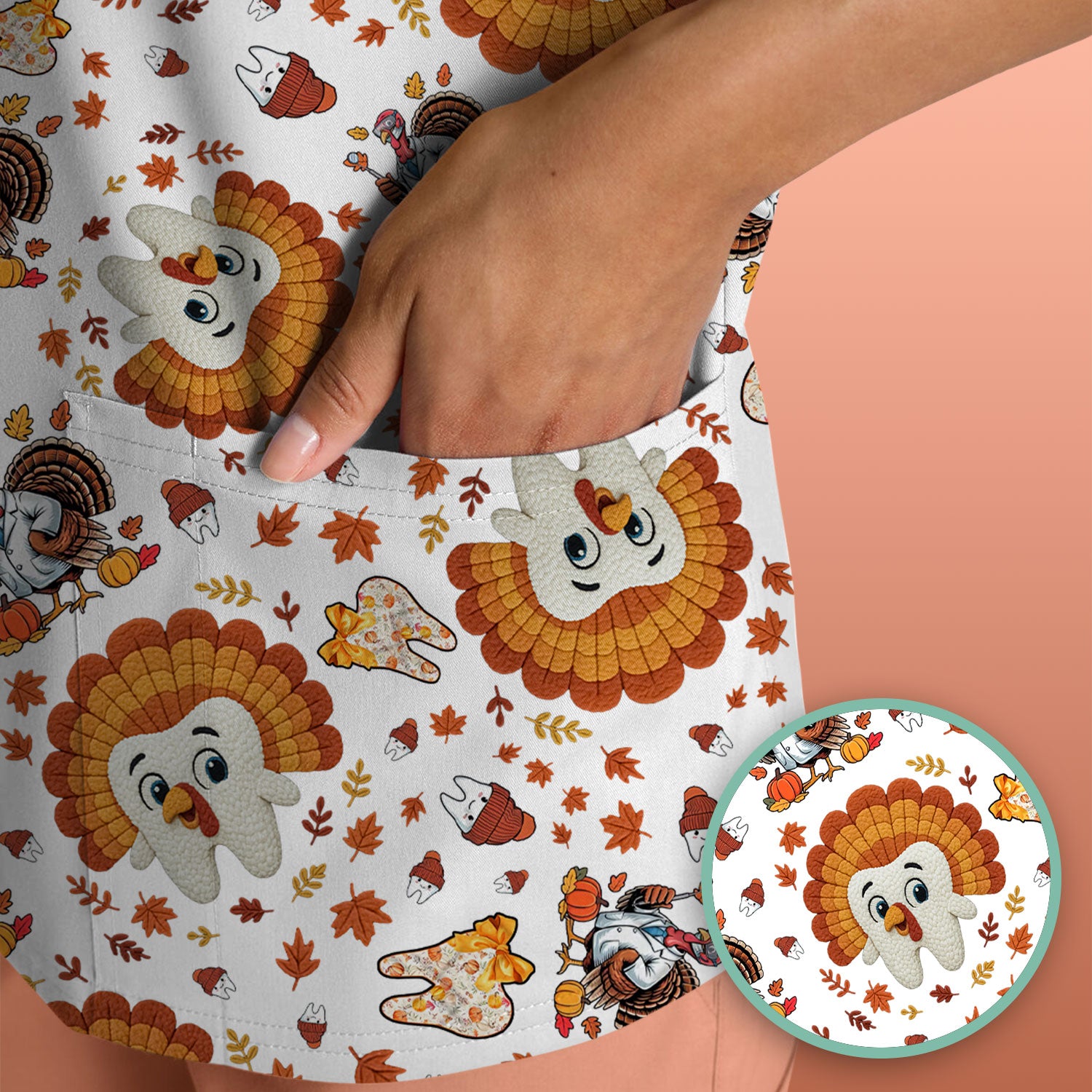 Funny Thanksgiving Tooth Scrub Top - Cute Turkey Dental Nurse Shirt - Fall Medical Uniform for Hygienists & Nurses