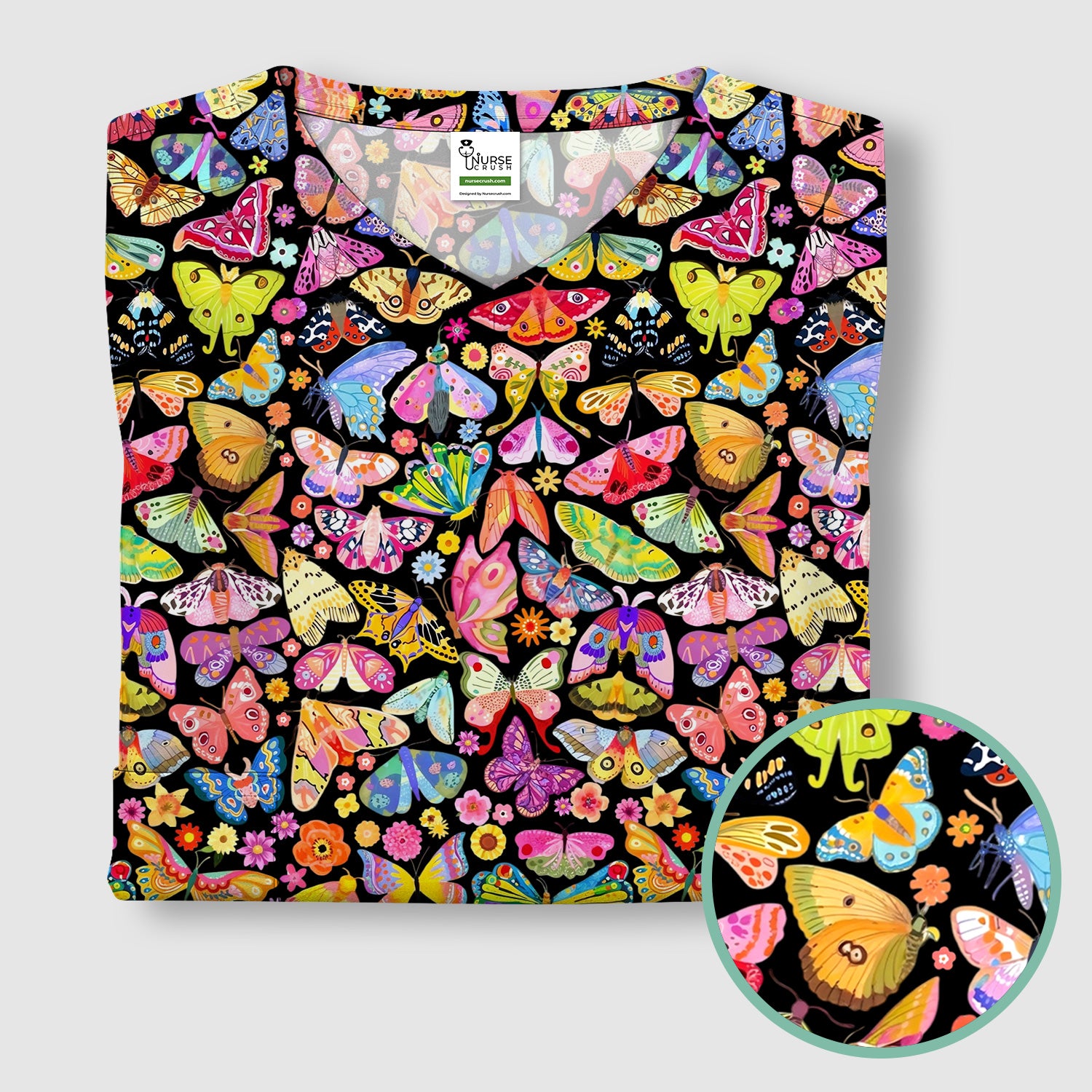 Cute Bright Butterfly Moth Floral Scrub Top, Comfortable Scrubs for Nurses