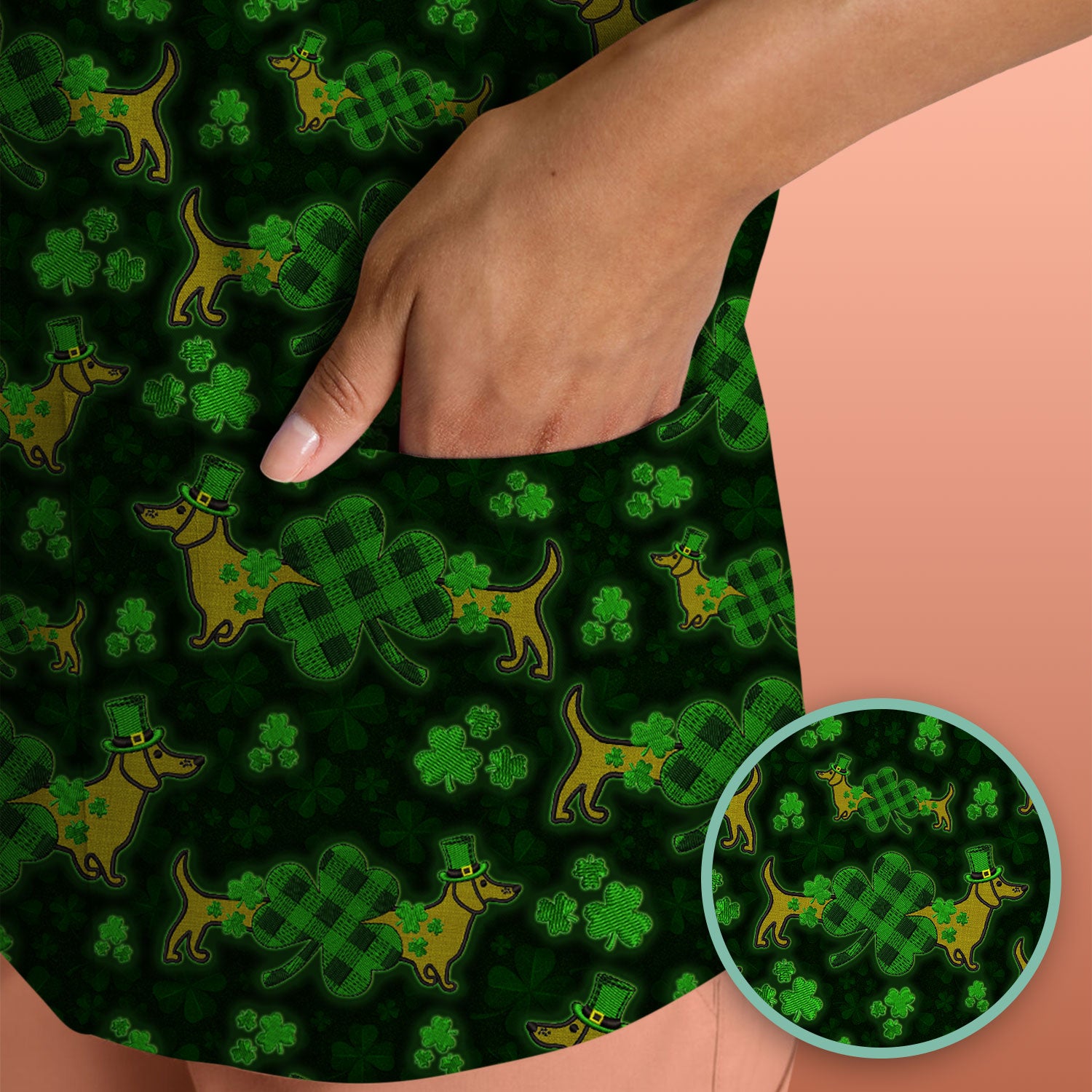 St. Patrick’s Day Dachshund Dog Pattern Scrub Top, Lucky Shamrock Puppy Nurse Scrub Shirt, Green Irish Nursing Uniform