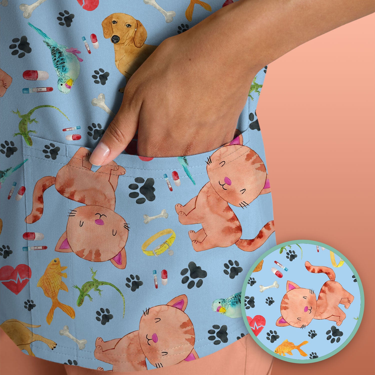 Cat Dog Veterinary Scrub Top - Cute Animal Paw Print Medical Shirt - Adorable Nurse Scrubs for Women RN CNA Vet Tech