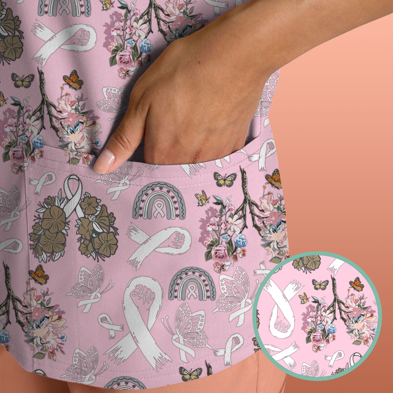 Lung Cancer Awareness Nurse Scrub Top - White Ribbon Butterfly Floral Medical Uniform - Comfortable V-Neck Nursing Shirt Gift