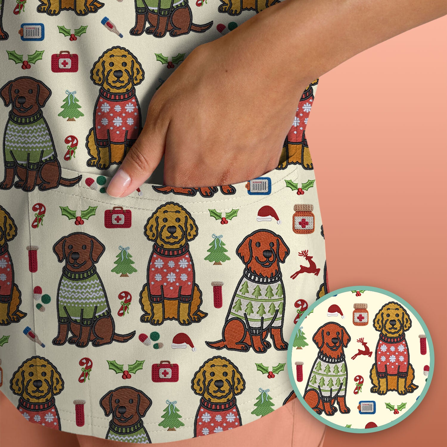 Golden Retriever Christmas Scrub Top, Cute Holiday Dog Nurse Pattern Shirt, Breathable Fabrics Nursing Uniform