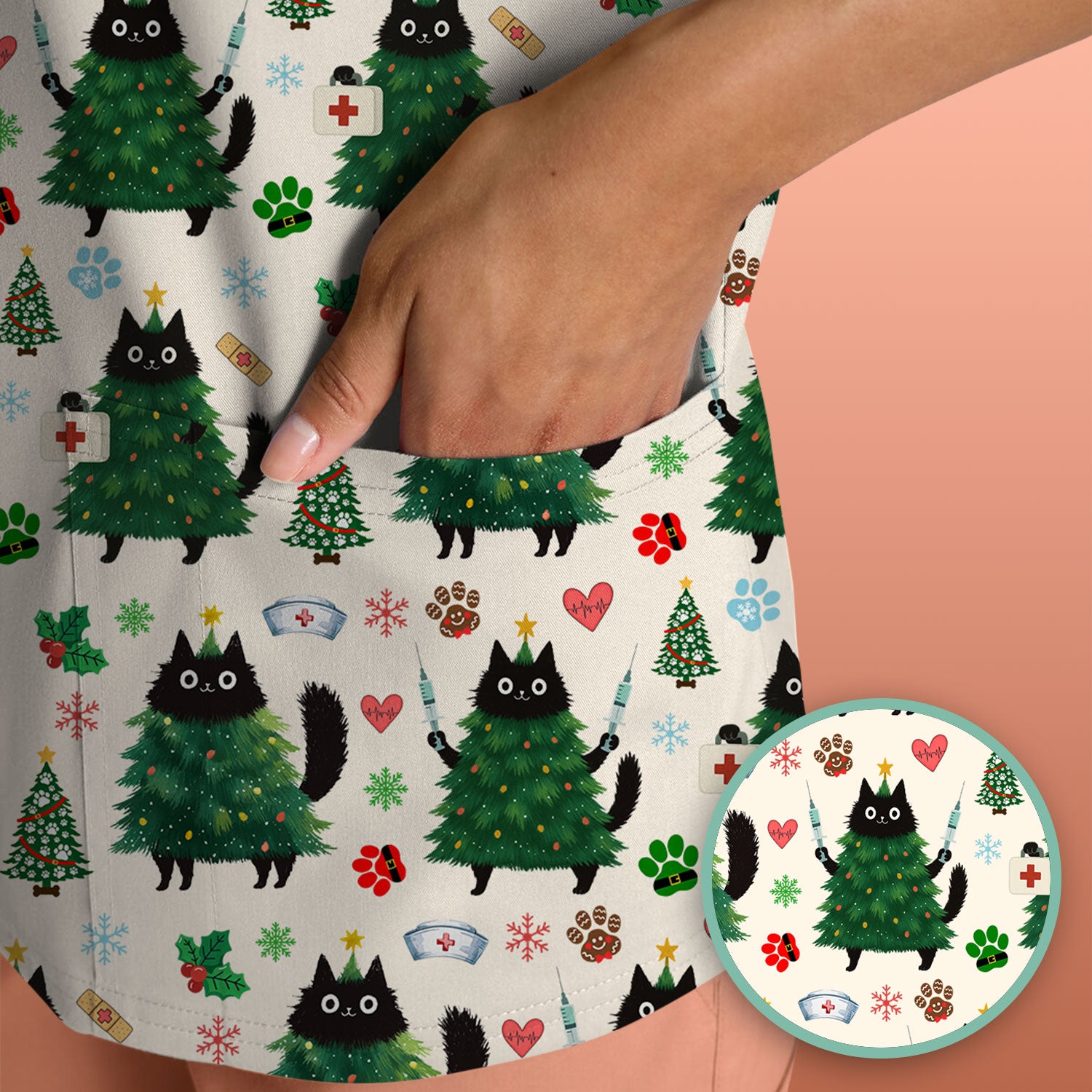 Christmas Nurse Scrub Top, Xmas Black Cat Pattern Nurse Shirt,  Breathable Fabrics Nursing Uniform