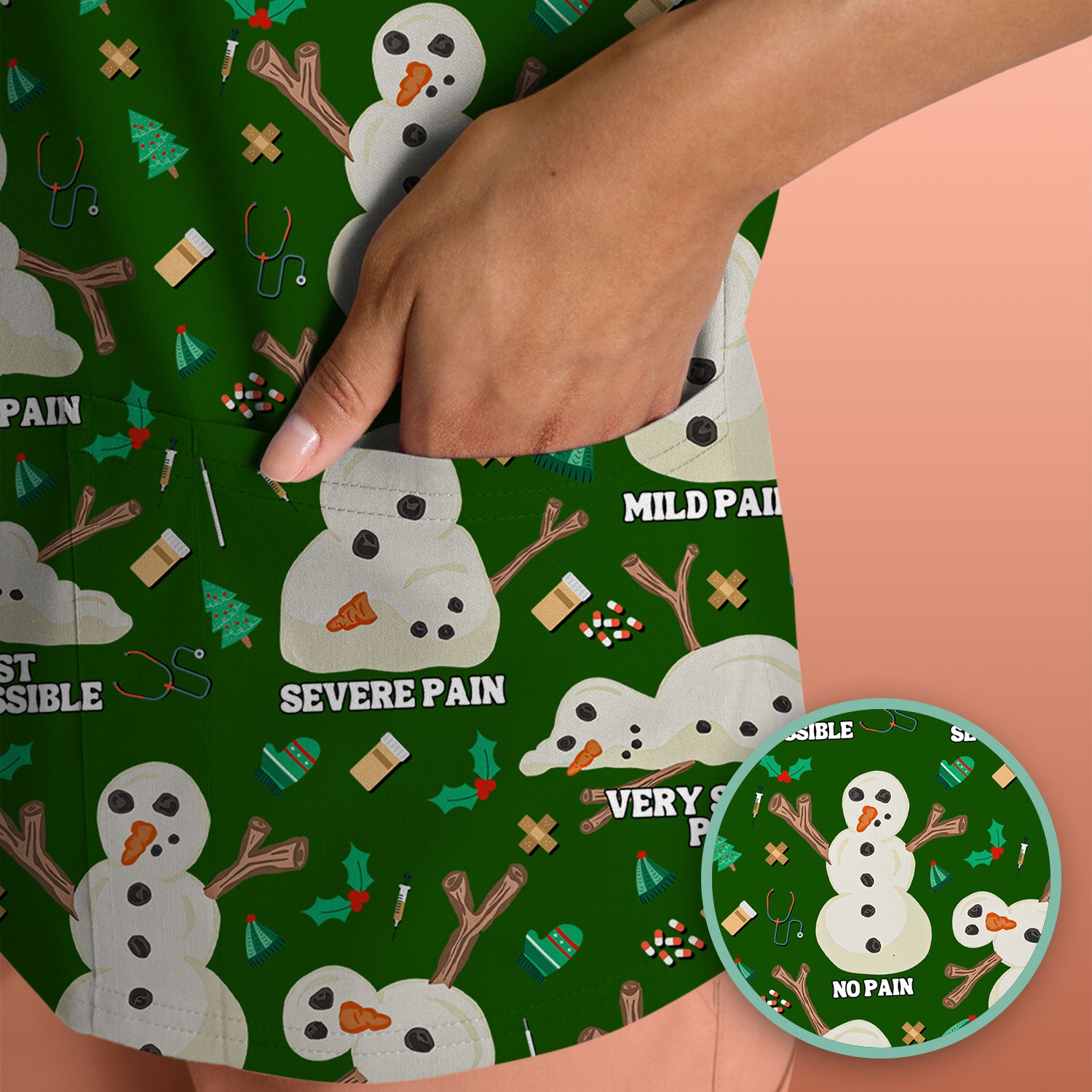 Funny Snowman Pain Scale Scrub Top for Nurse - Christmas Medical Shirt for Women RN LPN CNA - Cute Winter Nursing Uniform