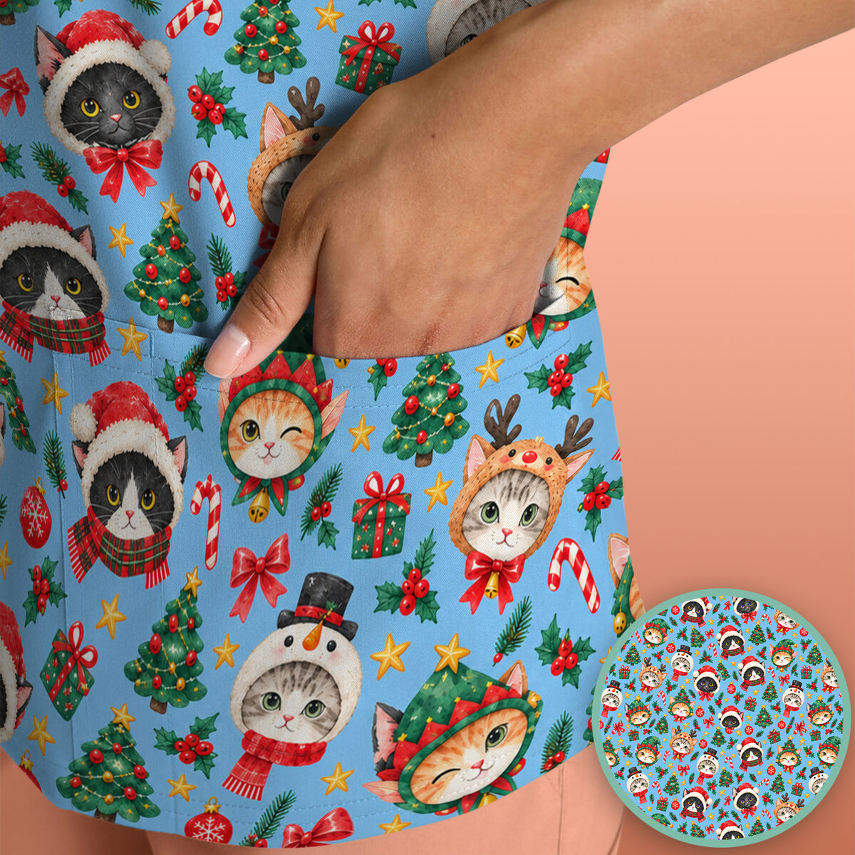 Christmas Cats And Trees Pattern Scrub Top, Comfortable Scrubs for Nurses