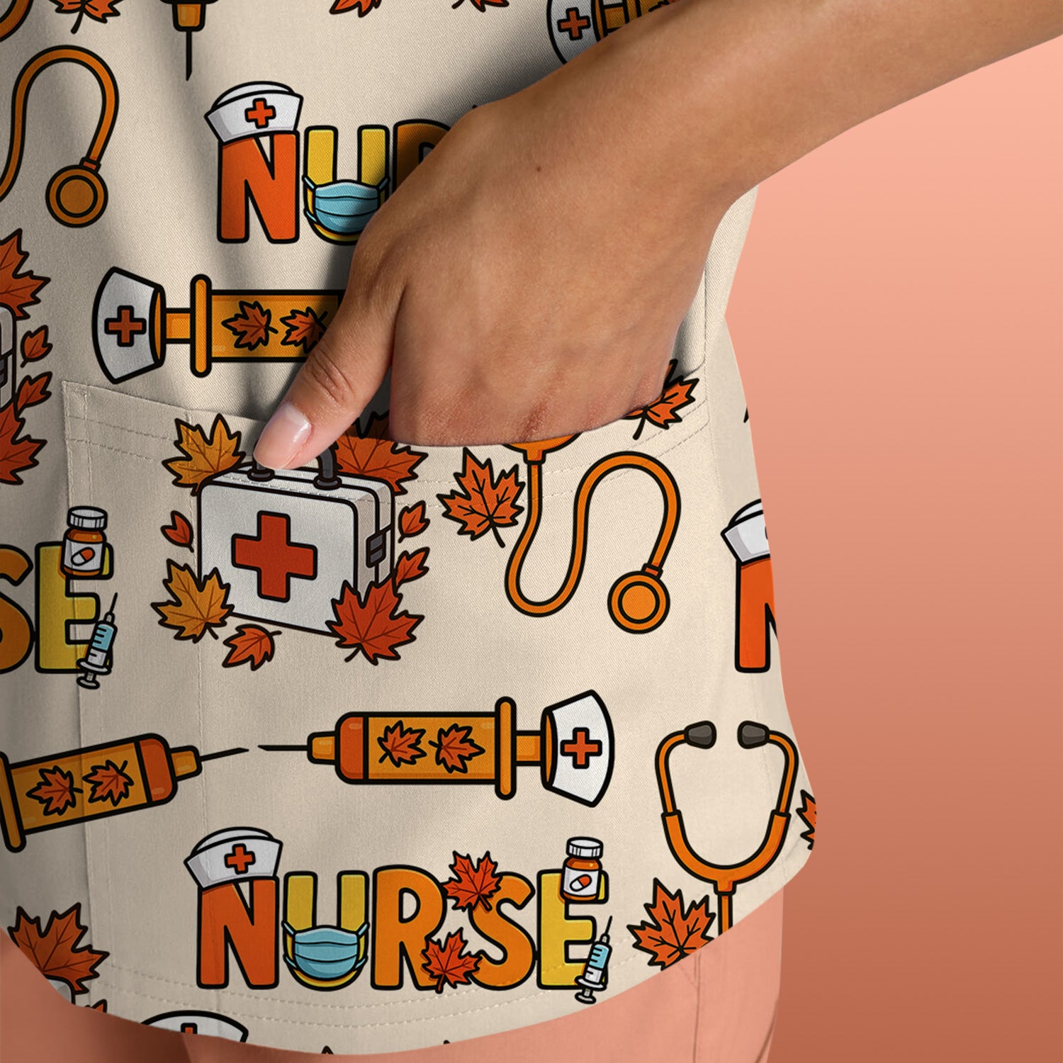 Autumn Nurse Scrub Top Multi Color - Fall Themed Nursing Shirt with Pockets - Cute Maple Leaf Medical Scrubs for Women