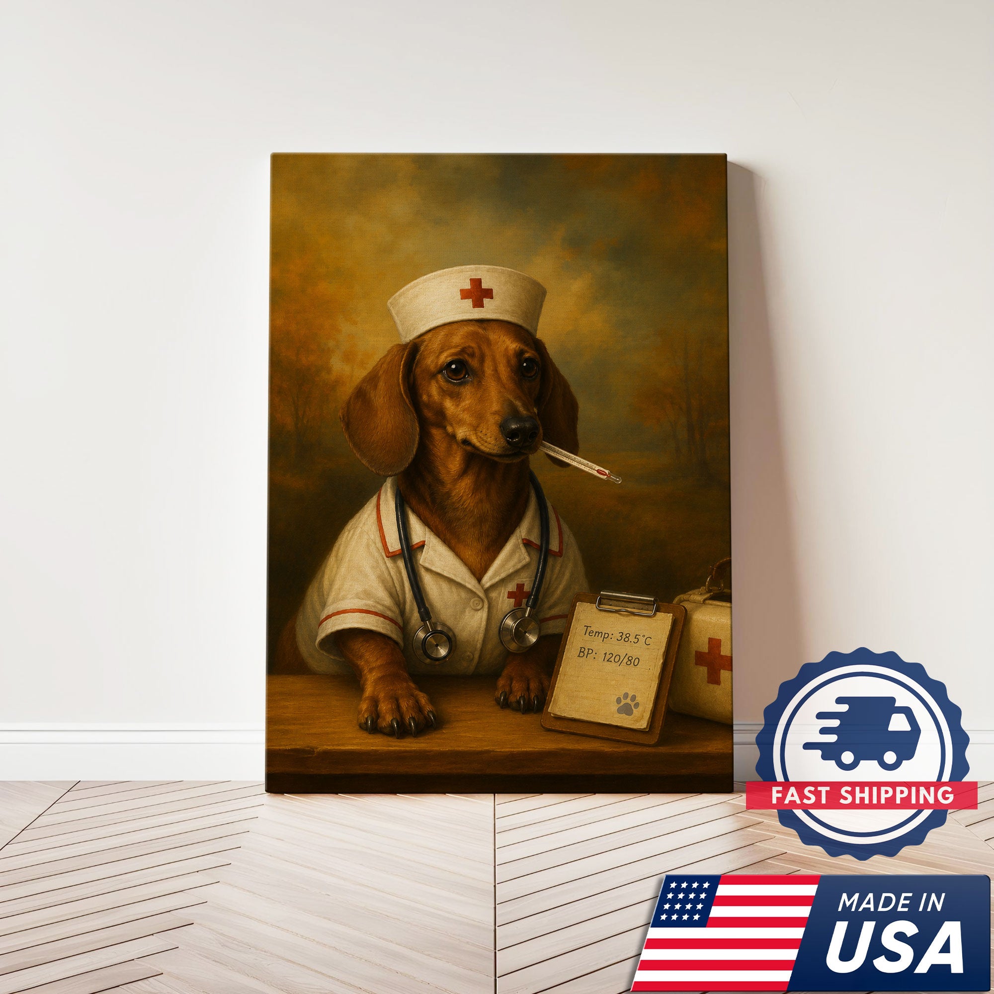Vintage Nurse Dachshund Portrait Canvas Wall Art, Heartfelt Medical Dog Artwork