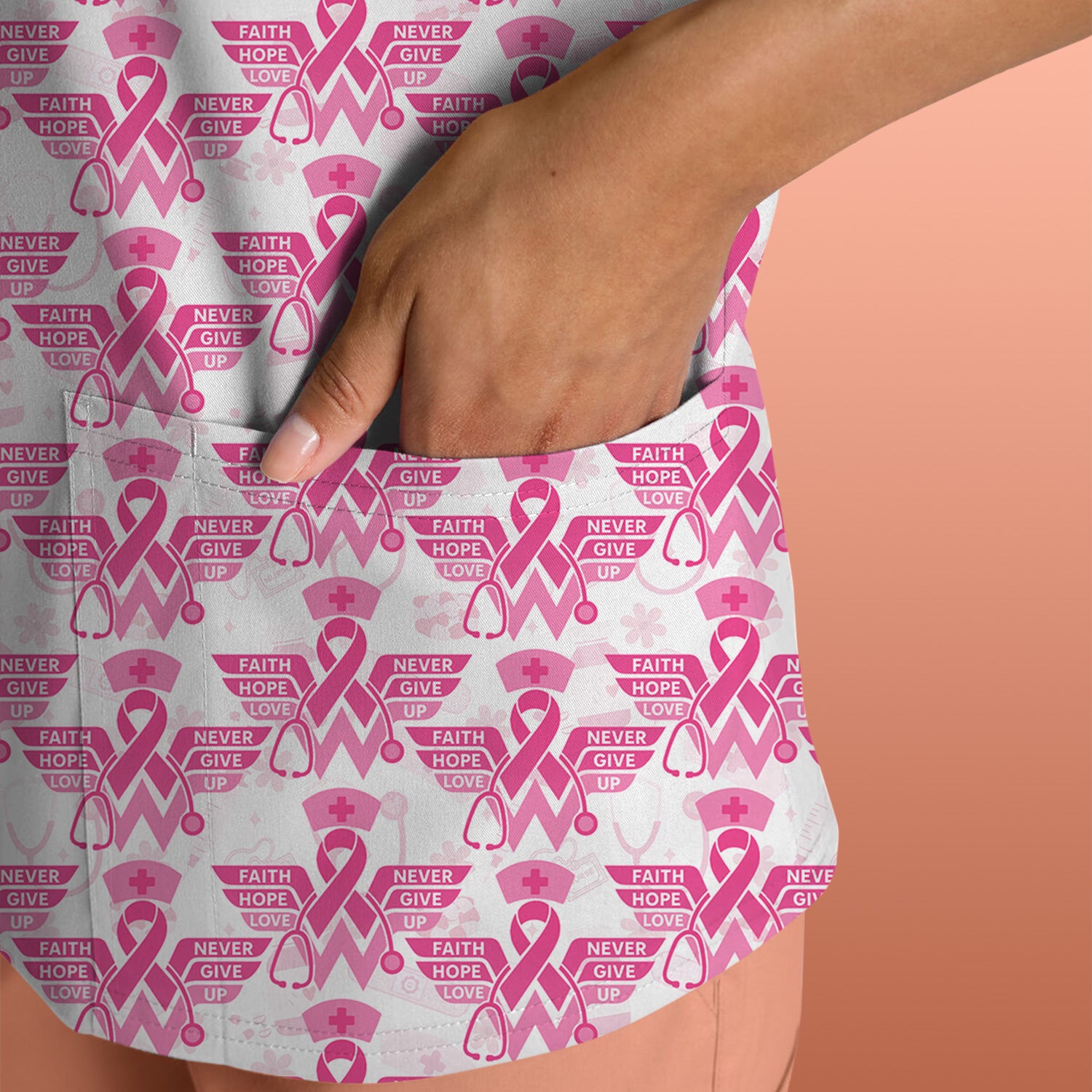 Breast Cancer Awareness Scrub Top - Pink Ribbon Nurse Shirt Multi Color - Faith Hope Love Nursing Workwear with Pockets