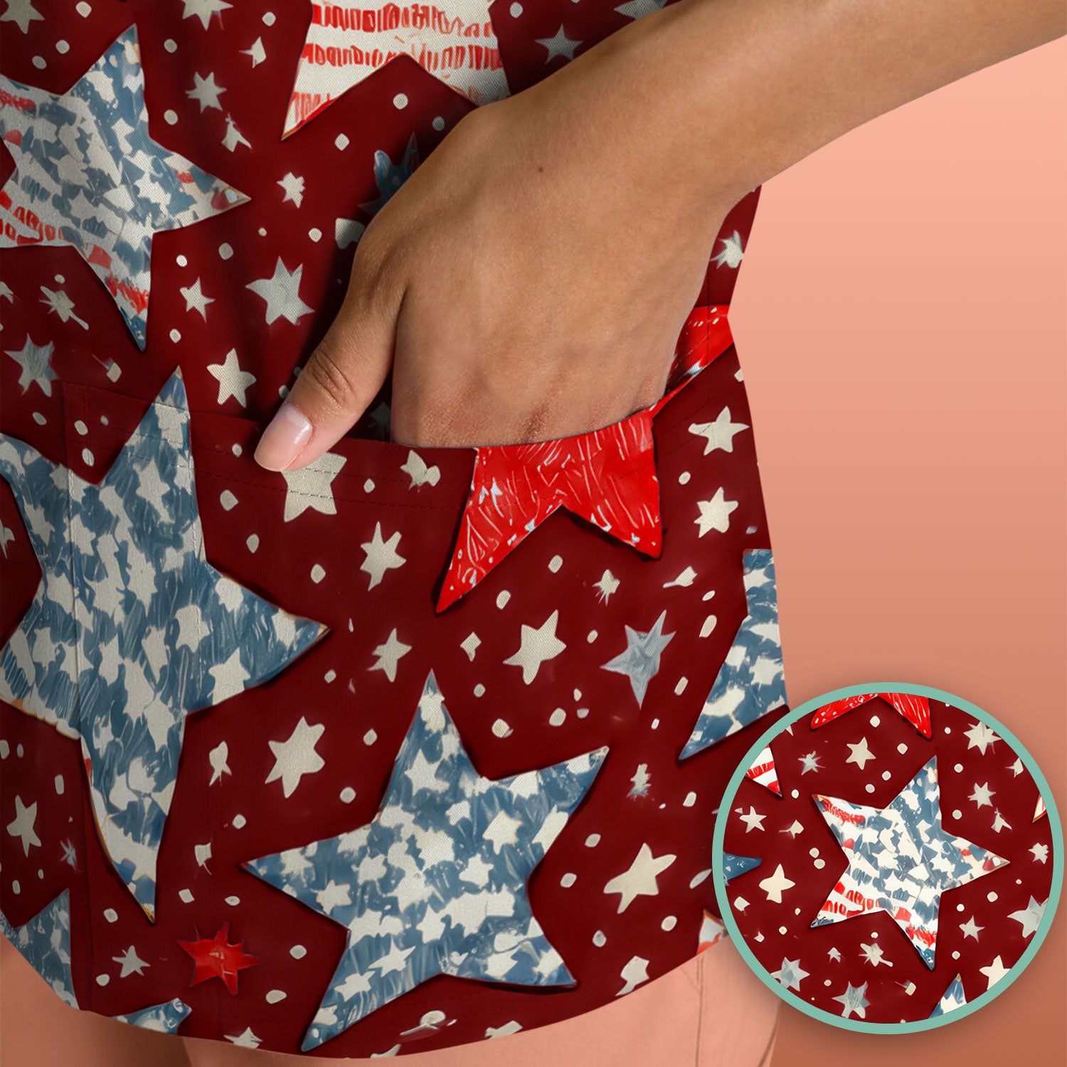 Patriotic Star Pattern Medical Scrub Top, Breathable Fabrics Nursing Uniform