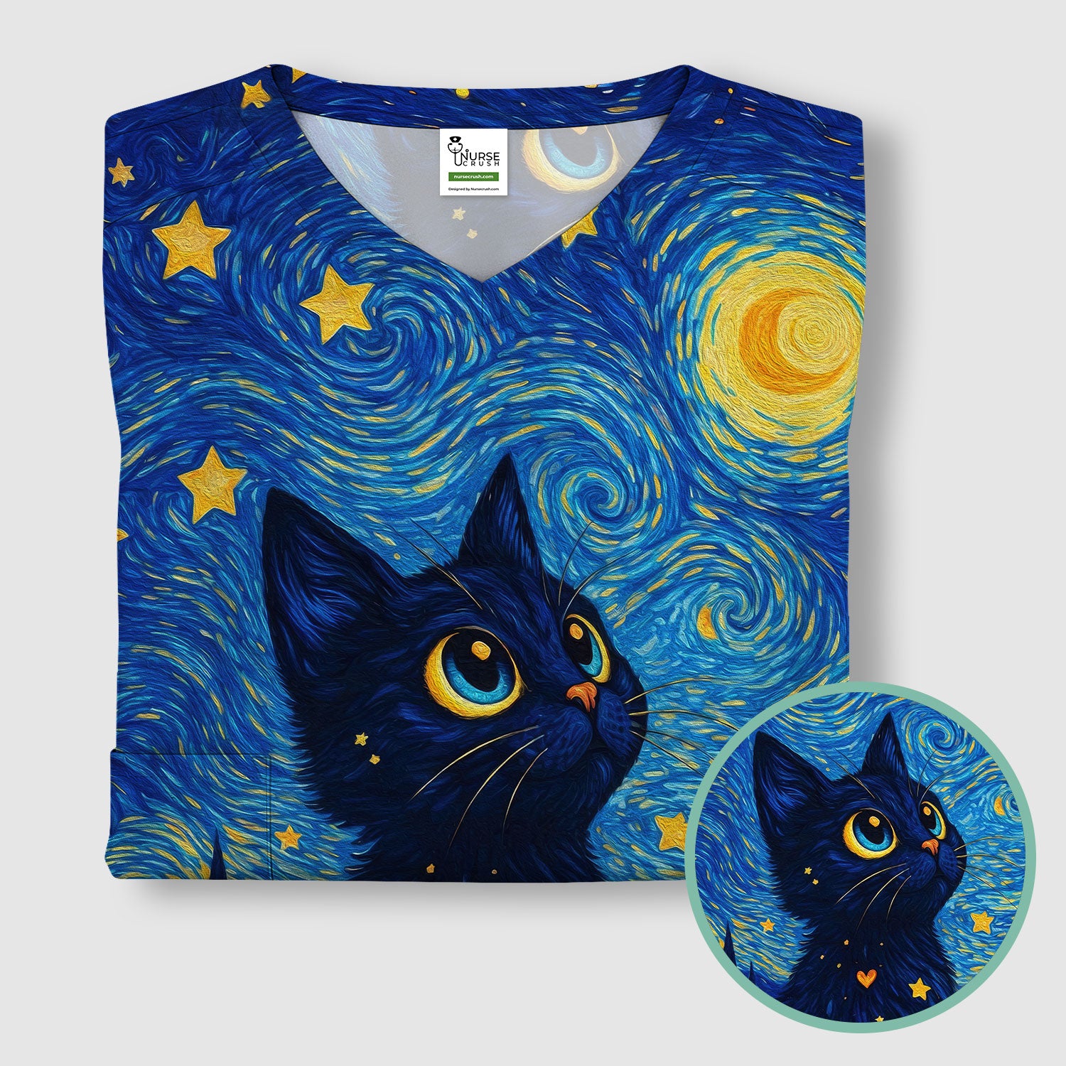 Black Cat Starry Night Pattern Scrub Top, Comfortable Scrubs for Nurses