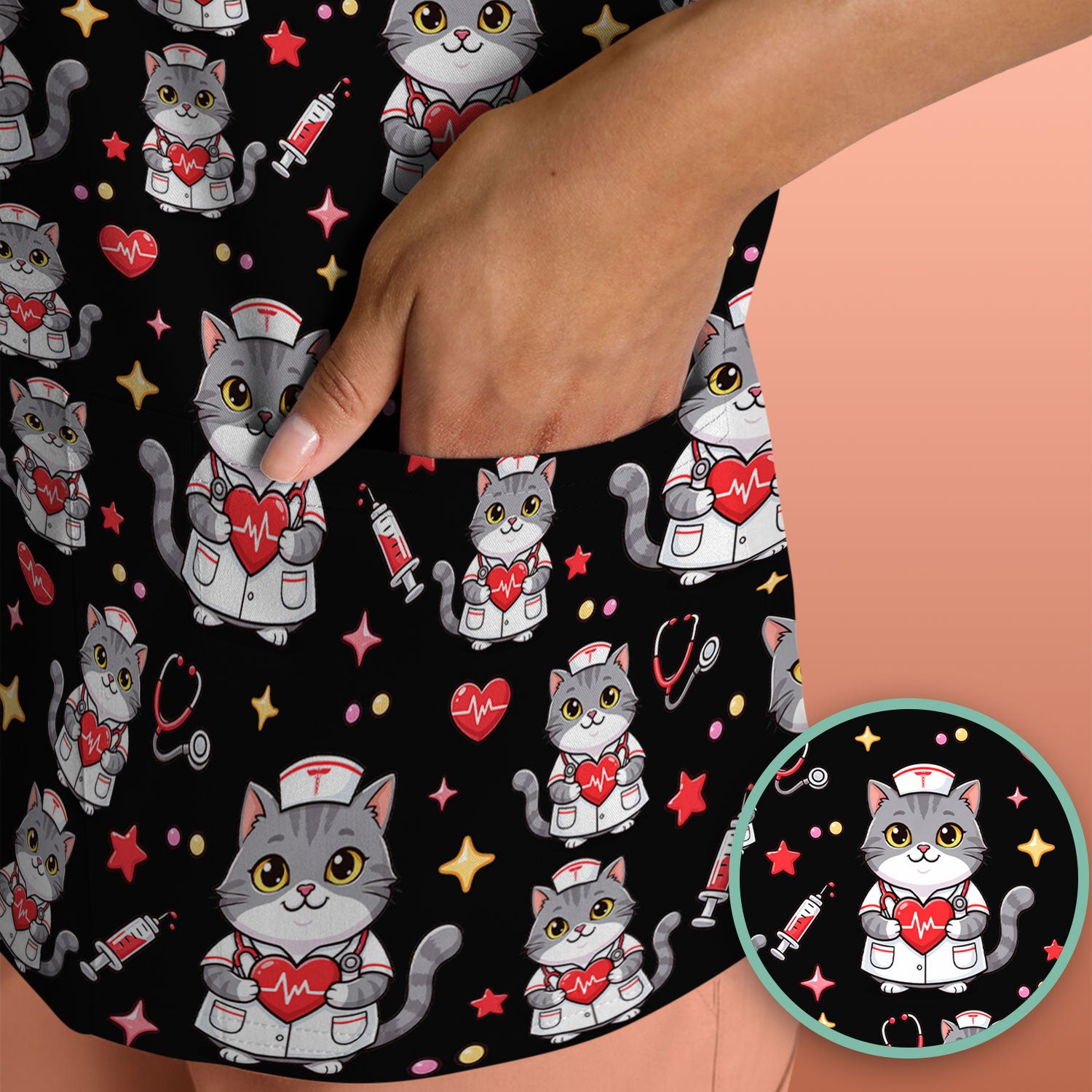 Cute Nurse Cat Heart Medical Print Scrub Top, Comfortable Scrubs for Nurses