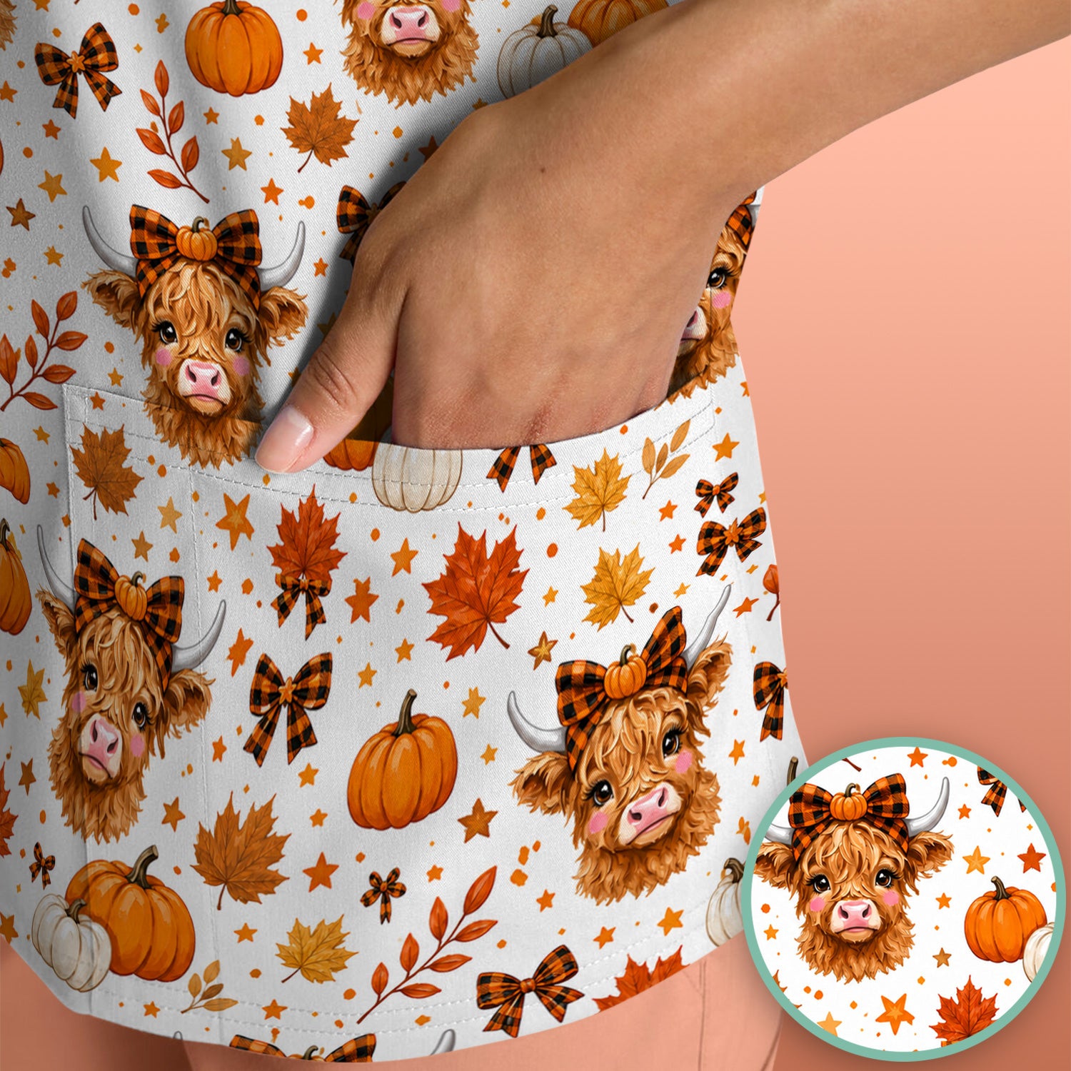 Cute Fall Highland Cow Scrub Top, Comfortable Scrubs for Nurses