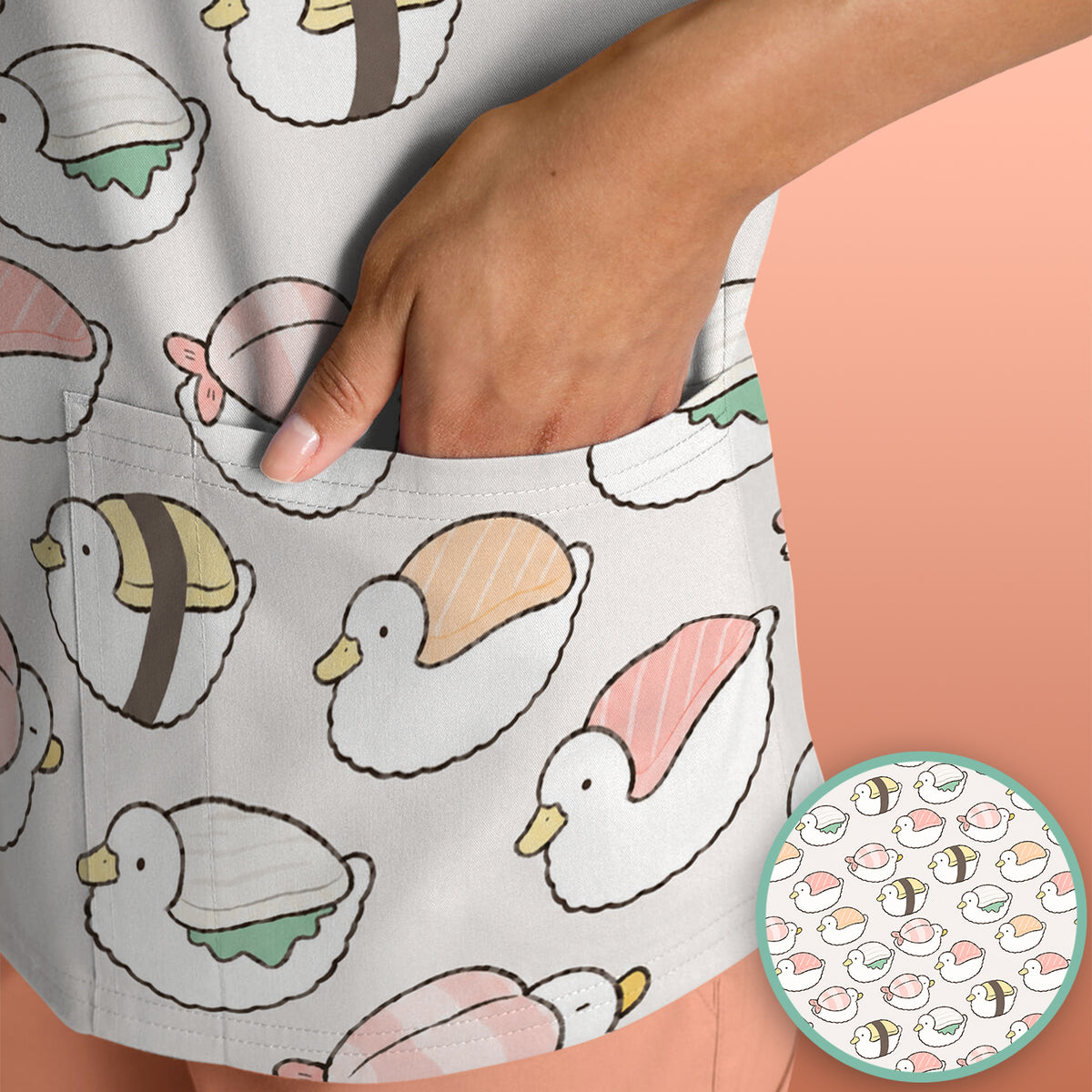 Cute Nigiri Sushi Ducks Pattern Scrub Top, Comfortable Scrubs for Nurses